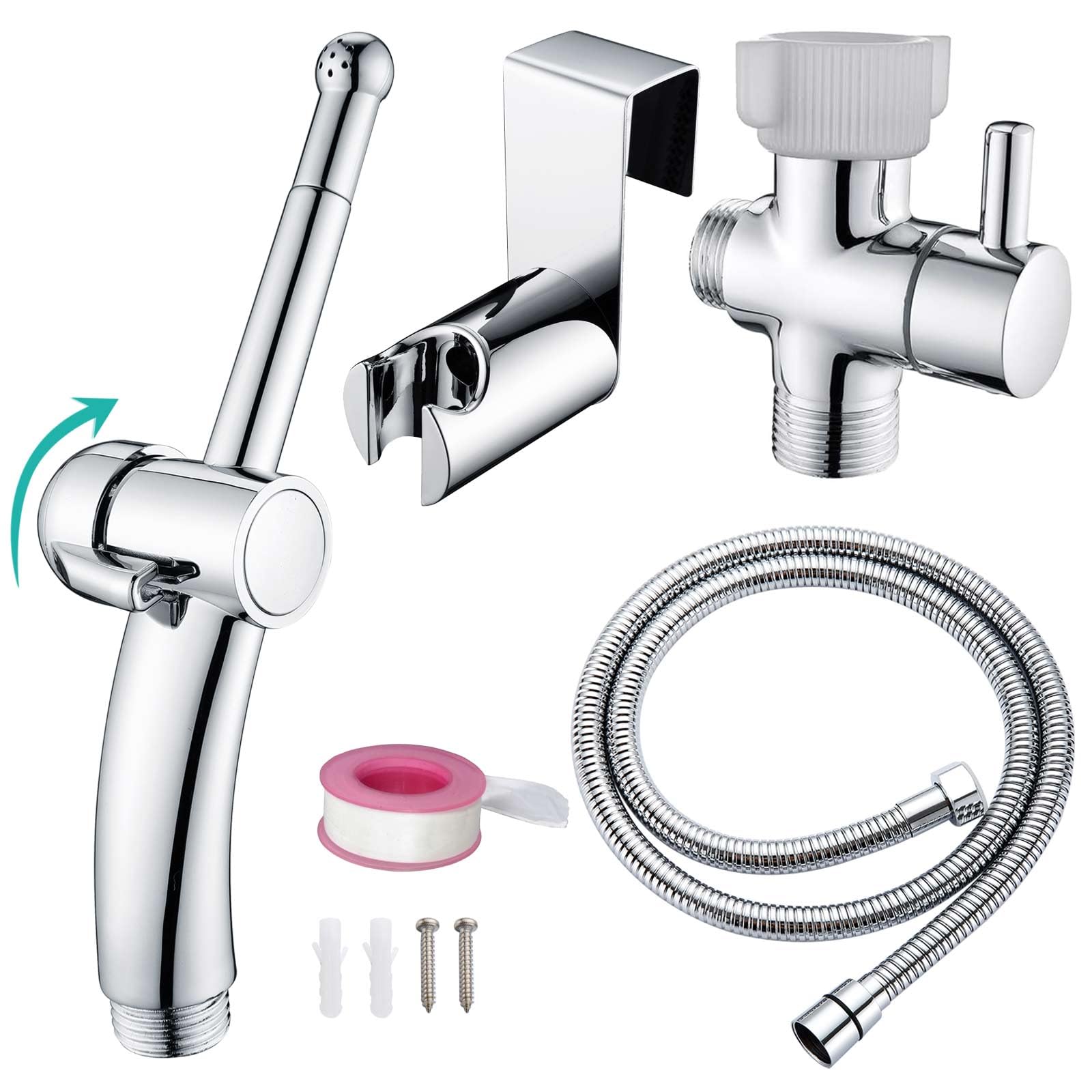 BARROCK Handheld Bidet Sprayer Combo Set for Toilet, Portable Bathroom Bidet Seat Attachment, 2 Way Installation Hang or Wall-Mount Shattaf Kit for Women with Brass T-Valve Explosion-Proof Hose Chrome