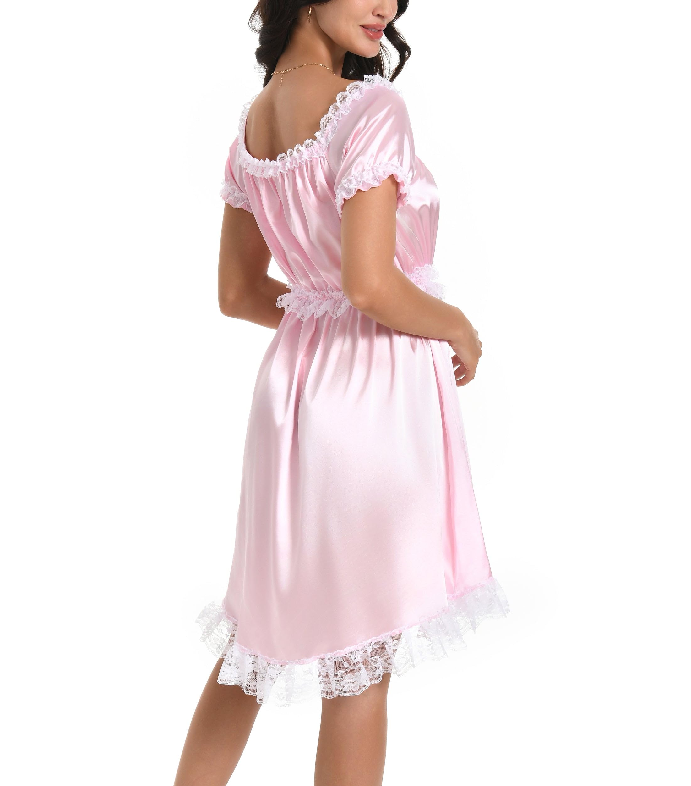 Satini Camisón Sissy Raso Encaje Estilo Doncella | Falda de Vuelo, Lazo a Juego, Cintura Elástica, Puños Fruncidos, Sin Cremallera, Cosplay y Crossdressing, Tallas S-XXL