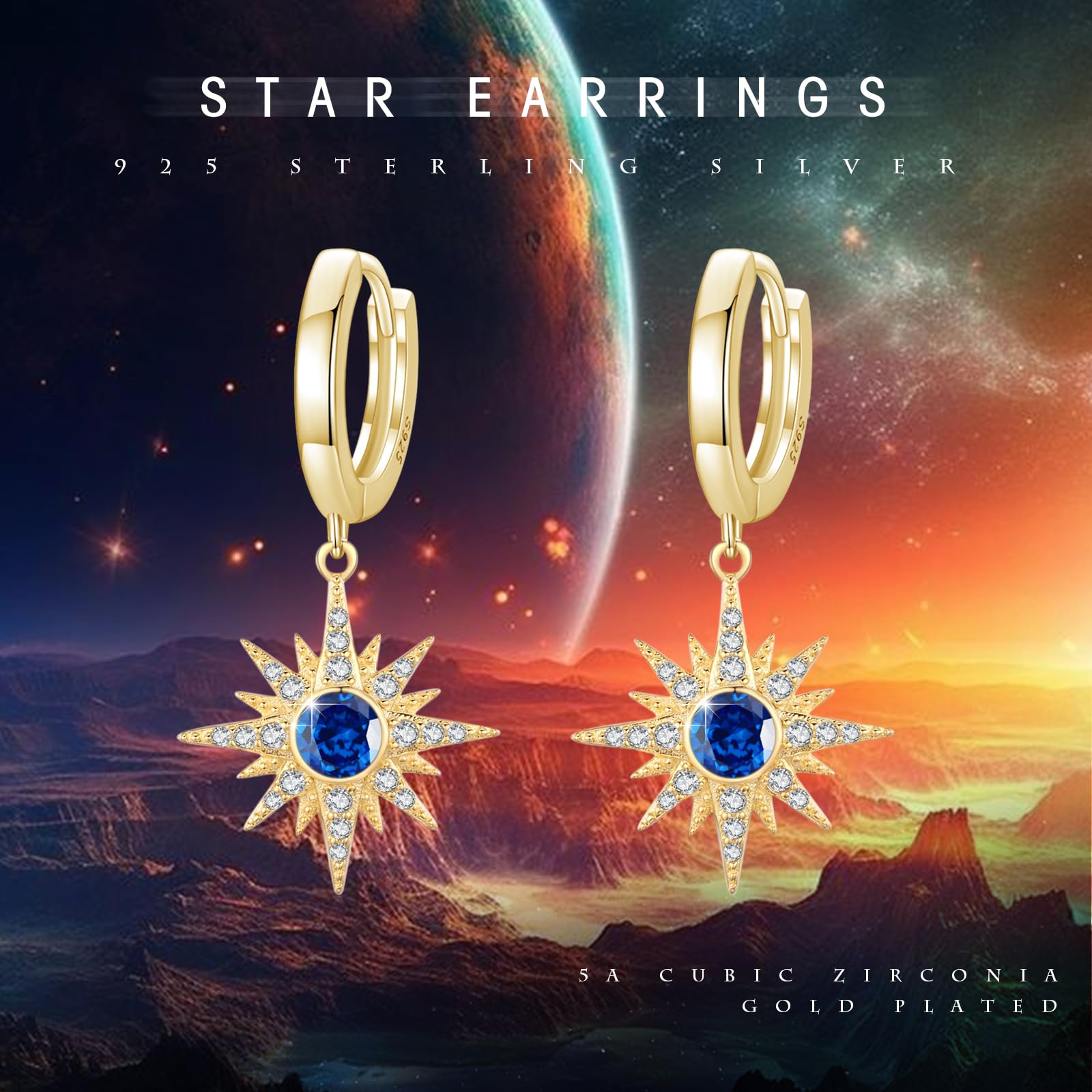 REDSUN Pendientes de estrella para mujer, plata de ley 925, pendientes de aro con circonita azul marino, piedras de nacimiento de septiembre, joyas para hija, mujer, novia