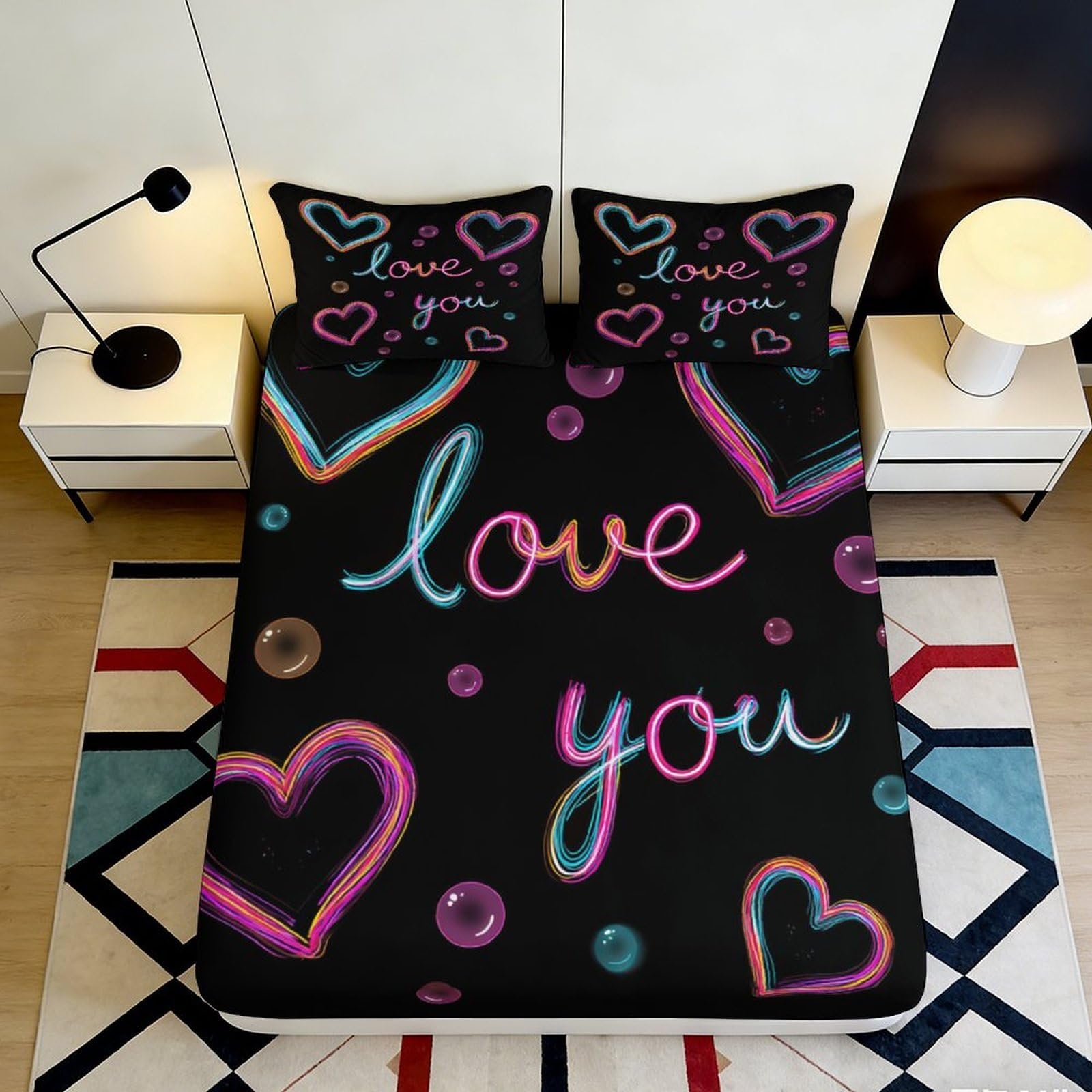 Pnayamiorkfel Style-1 3D Printed Neon Heart Fitted Sheet Microfiber Soft Black Love You Mattress Cover Bedroom Decor Gift, Anti-Slip Washable 90X200x25cm