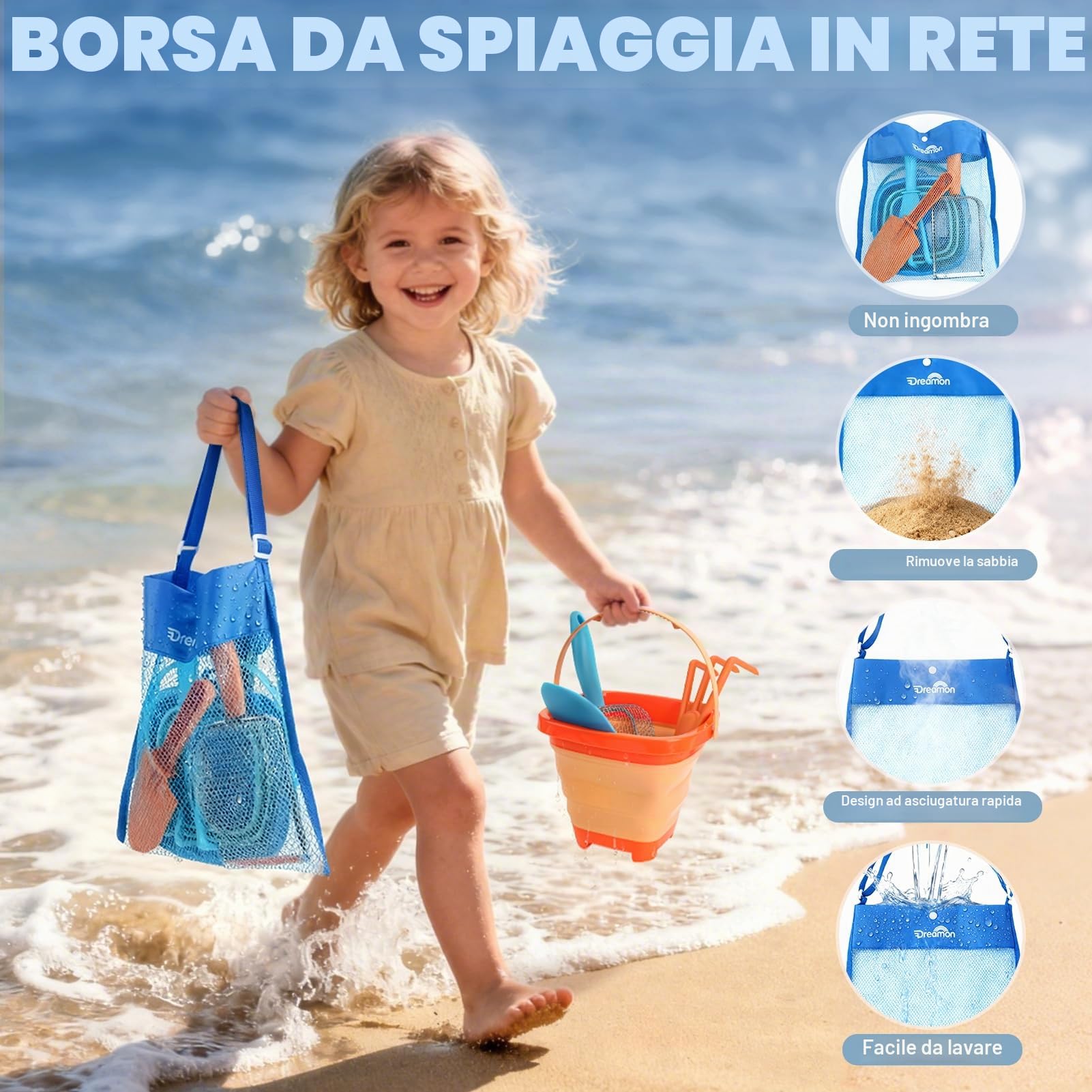 Dreamon Giochi Spiaggia Bambini Set 3 4 5 Anni con Secchiello Spiaggia Bambini Pieghevole Sacco a Rete Setaccio per La Sabbia Pala e Rastrello Giocattoli Regalo Esterno per Bambini e Bambine