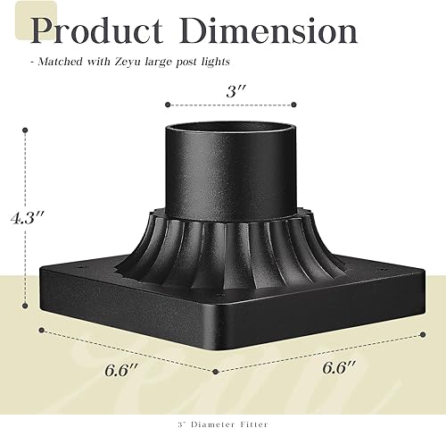Miniatura 5 de zeyu ZD73 BK - Base de montaje de muelle, adaptador de luz de poste de 3 pulgadas de diámetro para terraza, porche, jardín, aluminio fundido a
