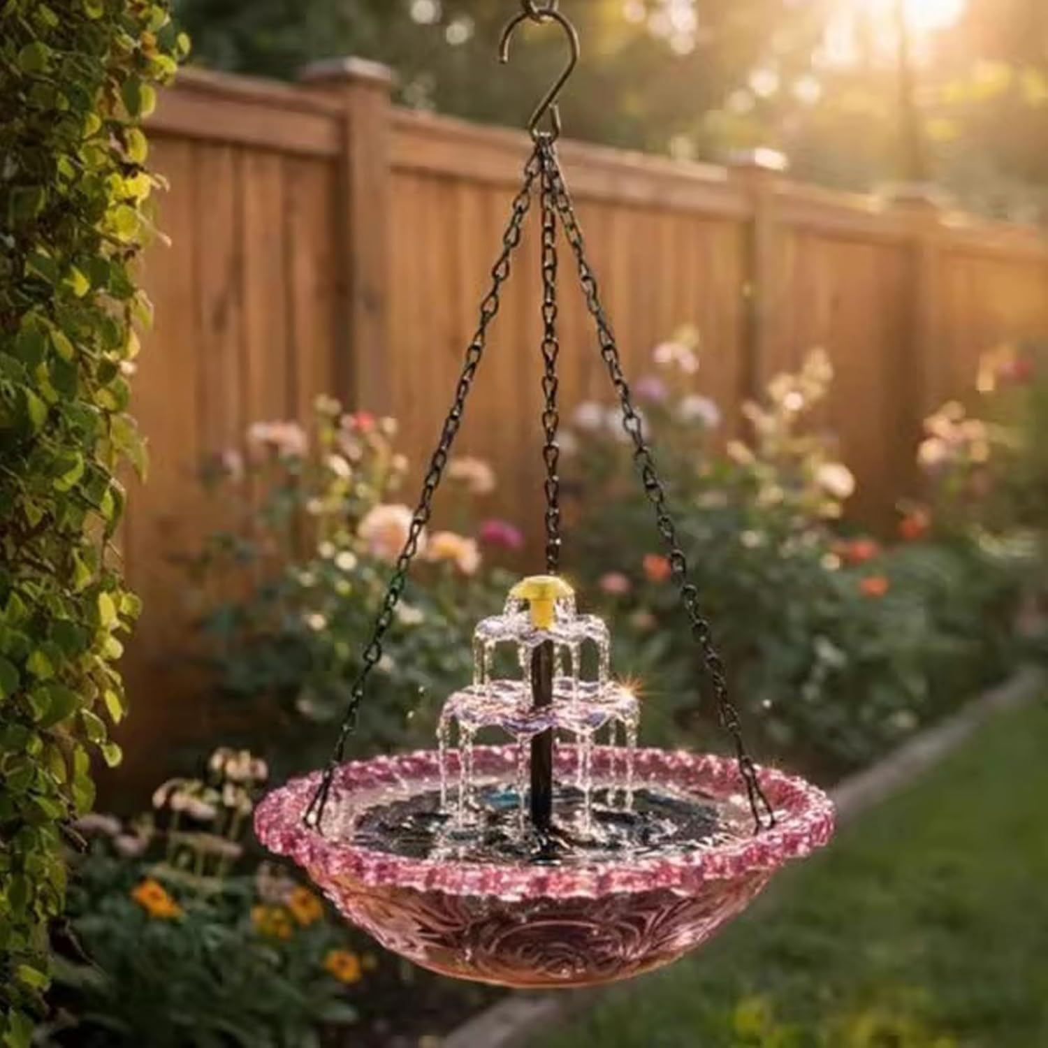 Hanging Solar Bird Bath Fountain, Cascade Outdoor Water Feature, Bird Water Feeder, for Garden Patio Backyard Lawn Decor(Purple)