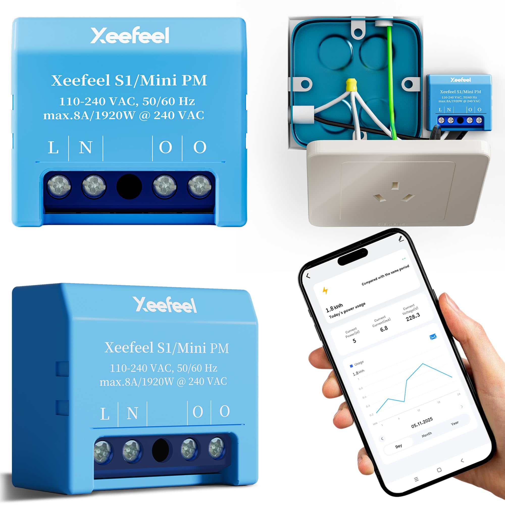 Xeefeel PM Mini WLAN & Bluetooth Smarter Stromzähler, 1 Kanal, 16A, Kein Relaisschalter, Leistungsmessung, Echtzeit-Energiezähler, kein Hub Erforderlich, Alexa & Google Home,Hausautomation,2er Set