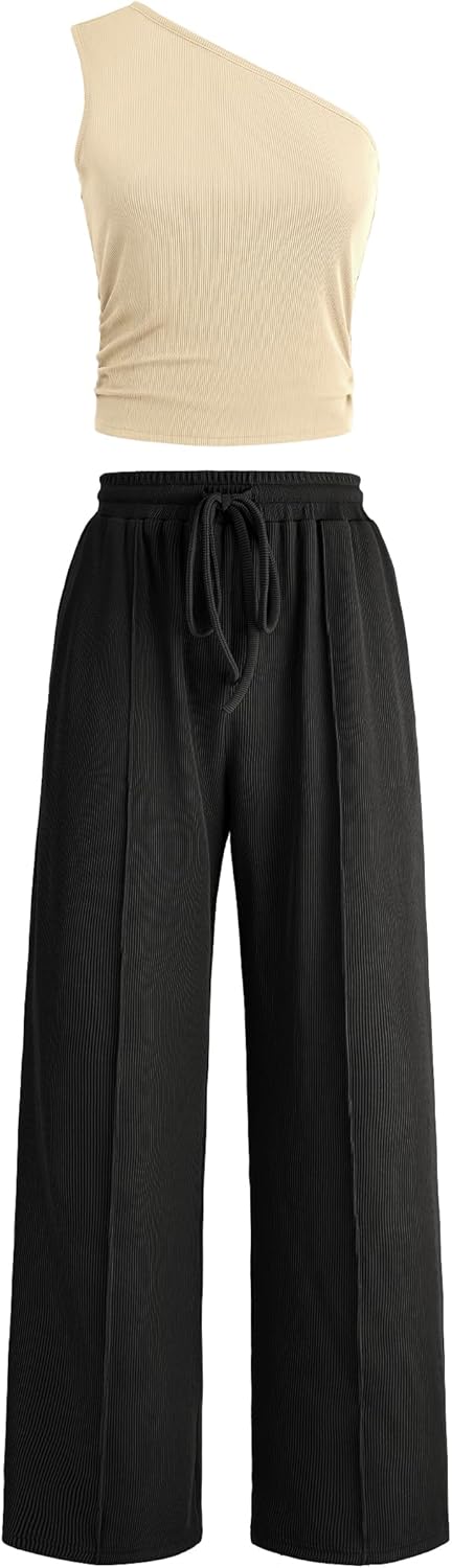 Casly Lamiit 2 Piece Sets for Women Summer Outfits Ribbed Knit Sleeveless One Shoulder Top Wide Leg Pants Matching Lounge Set