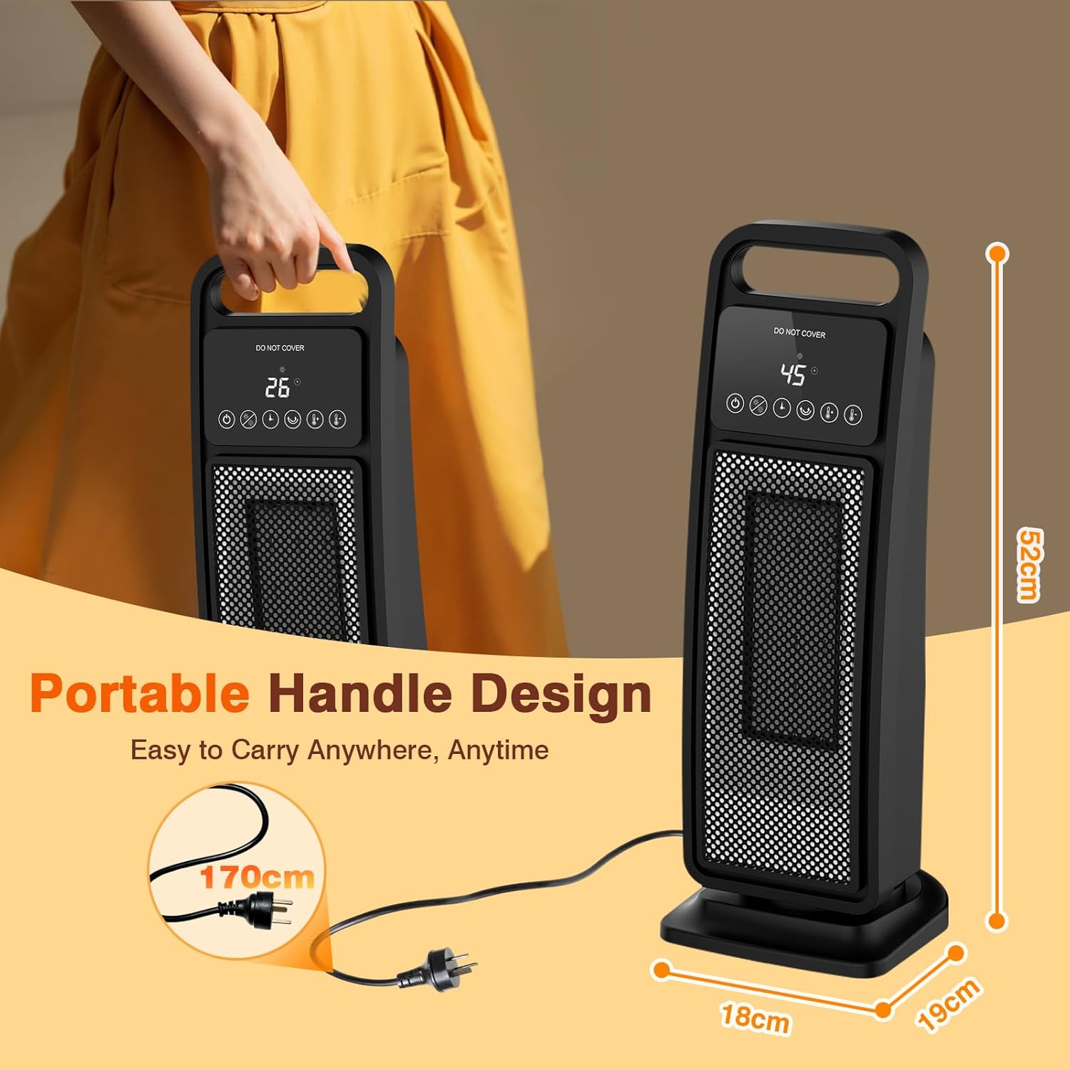 ADVWIN Portable Fan Heater with handle and dimensions