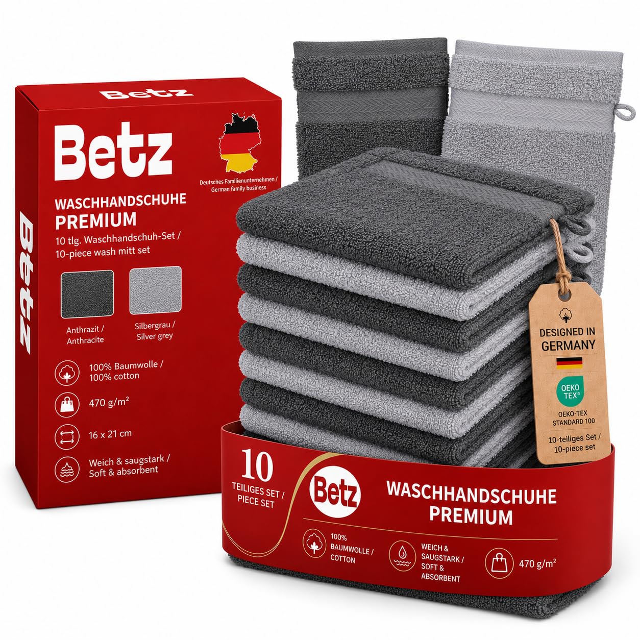 Betz Waschhandschuhe Premium 10 Stück 16x21 cm – 100% Baumwolle 470g/m² – Weiche Frottee Waschlappen – Pflegeleicht & saugstark – Farbe Anthrazit & Silbergrau