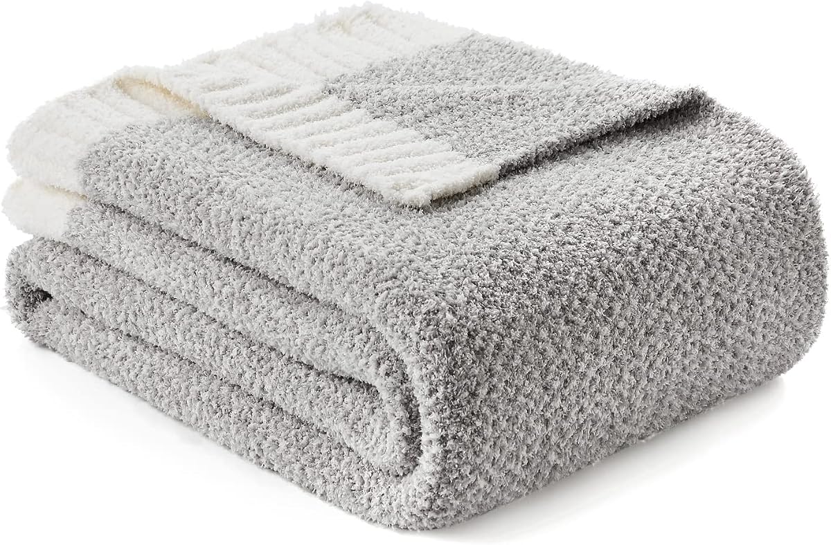 Snuggle Sac Buttery Grey Throw Blanket for Couch, Reversible Super Soft Warm Blankets Cozy Knit Fuzzy Plush Lightweight Throws for Sofa, Bed, Heather Grey, 50"x60"