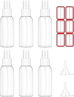 Spray Bottles, 2oz/50ml Clear Empty Fine Mist Plastic Mini Travel Bottle Set, Travel Sized Spray Bottles for Toners, Face & Hair Mist with 2 Funnels and 6pcs Labels (6 Pack)