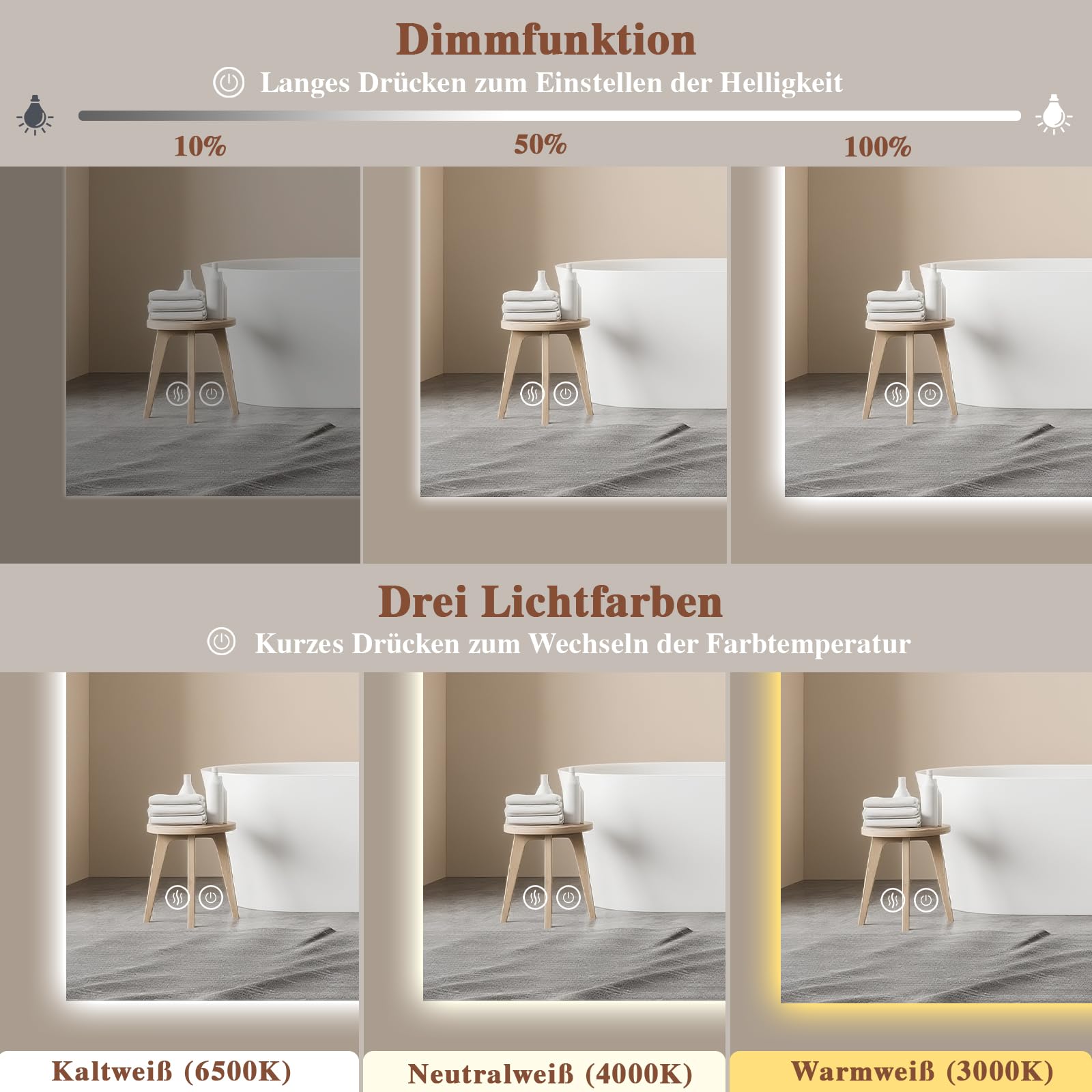 Badspiegel-mit-Beleuchtung 50x70cm - LED Badezimmerspiegel Badezimmer Spiegel mit Beleuchtung, Touch-Schalter, Dimmbar, 3 Lichtfarben - Wandspiegel Led Spiegel Bad - Horizontal/Vertikal