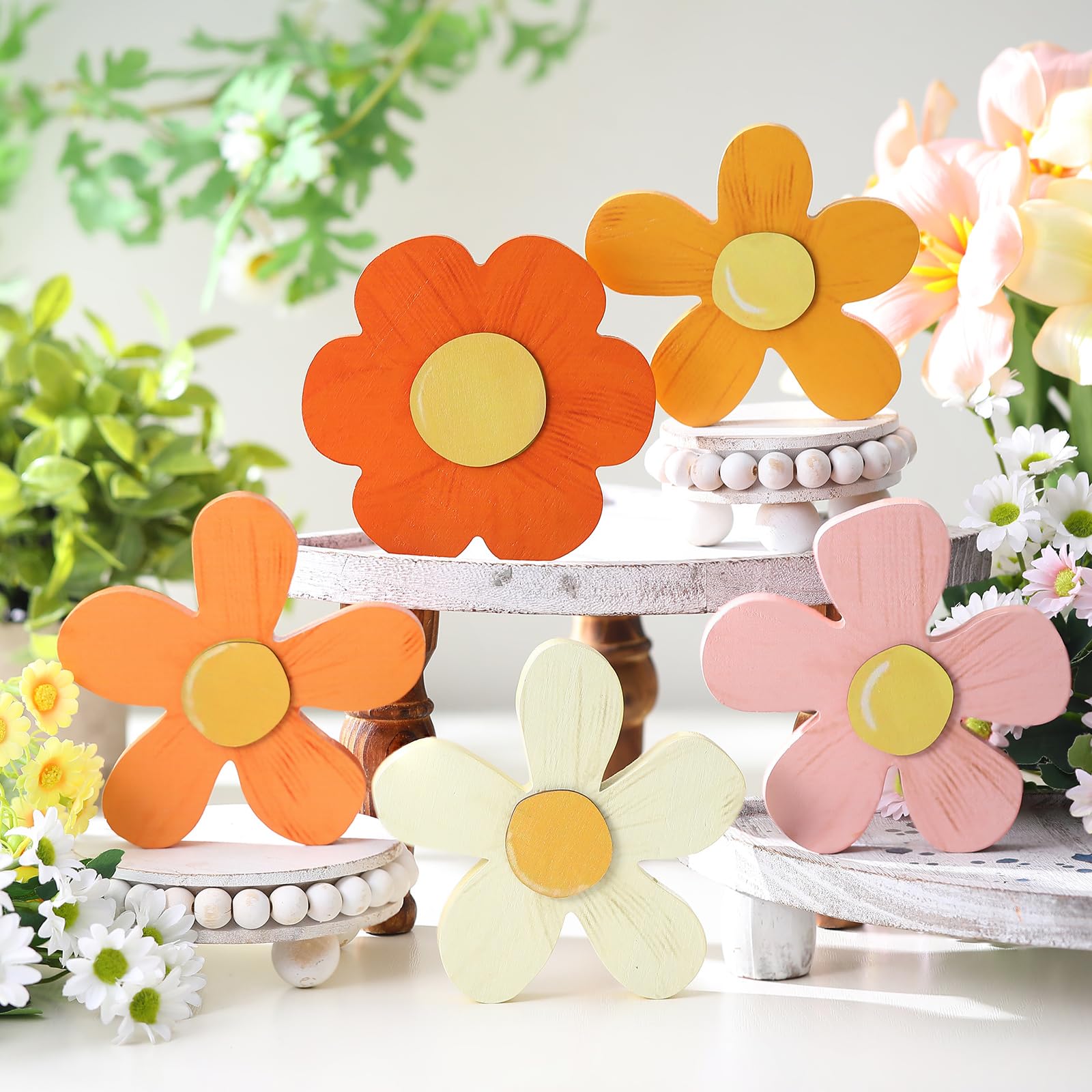 Threehoney Spring Decorations for Home Wooden Daisy Decor Spring Flower Tiered Tray Decor Farmhouse Daisy Table Centerpieces for Home Desk Shelf