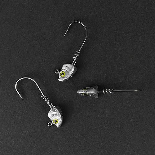 Miniatura 6 de Paquete de 15 cabezas de plantilla de cebo con bloqueo de tornillo – 3D Chartreuse Eyes 1/8 3/16 1/4 3/8 1/2 oz, 3/0 y 4/0 anzuelos de pesca