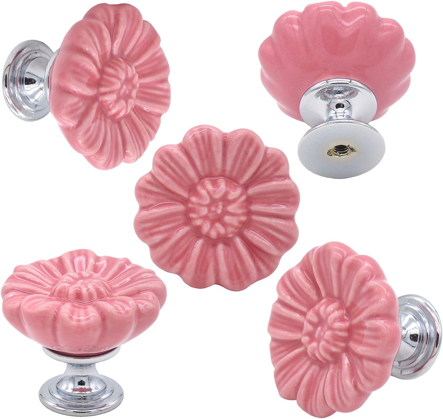 6PCS Vintage Floral Daisy Ceramic Dresser Drawer Knobs Elegant Cabinet Cupboard Door Hardware Pull Handles w/Screws Pink