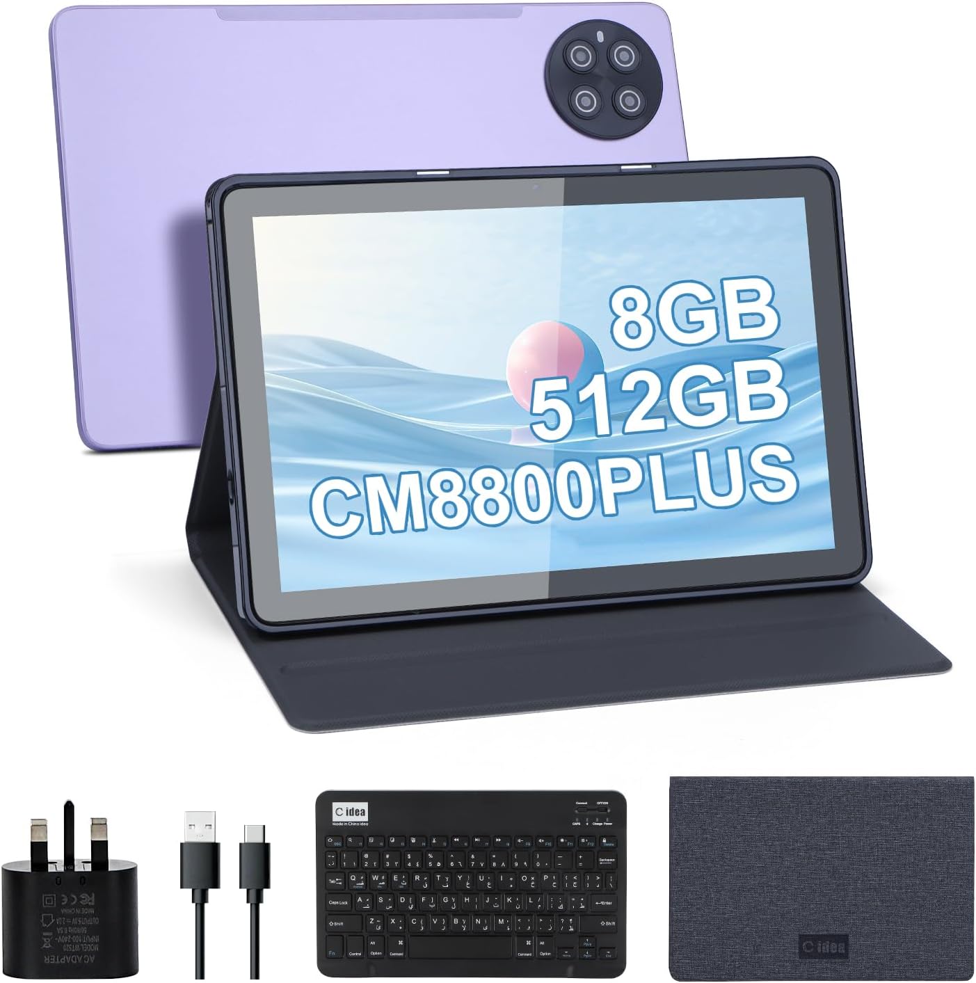 C idea 10.1" Tablet Android 13, 1280x800 HD IPS Screen, 8GB RAM, 512GB Storage, WiFi, Bluetooth, GPS, Dual Camera, Long Lasting Battery Tablet, CM8800Plus (Purple)