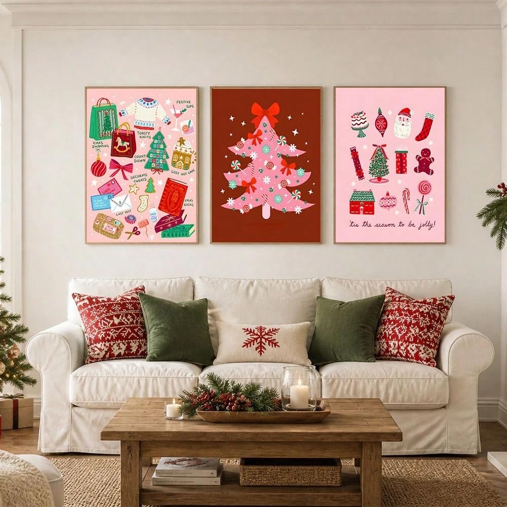 Lot de 3 toiles décoratives minimalistes et mignonnes pour Noël, style moderne, roses, avec des affiches de Noël de style dessin animé pour le salon (70 x 90 cm x 3 / sans cadre)