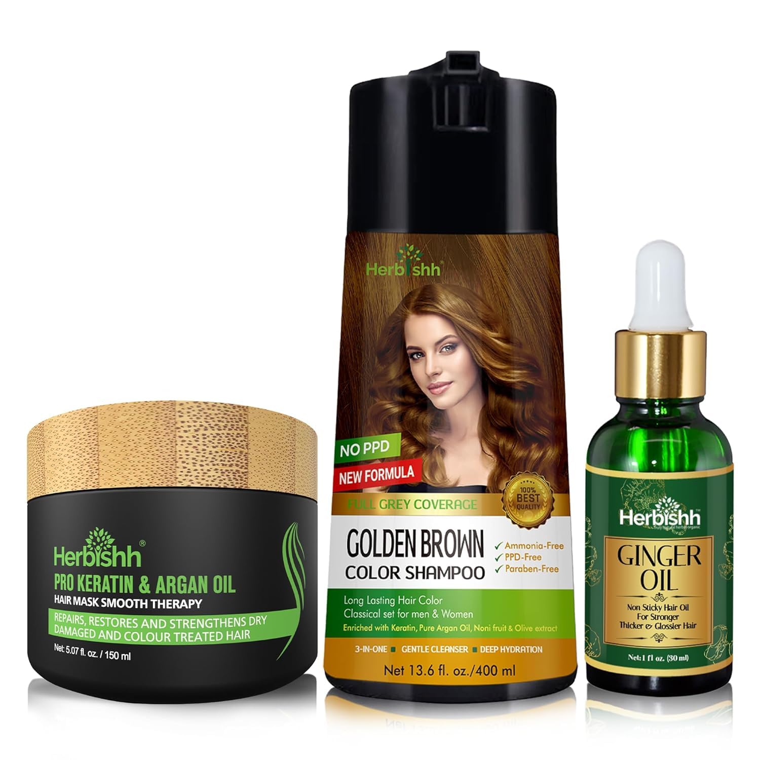 Herbishh Hair Color Shampoo for Gray Hair – PPD-Free Hair Dye Shampoo and Conditioner + Ginger Oil 30mL Hydrating Hair Oil + Pro Keratin Argan Oil Hair Mask for Dry, Damaged Hair 150mL (Golden Brown)