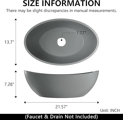 Miniatura 2 de Dolonm Fregadero de baño, lavabo de baño de hormigón en gris sin grifo ni drenaje, 21 x 14 pulgadas, en forma de cuenco
