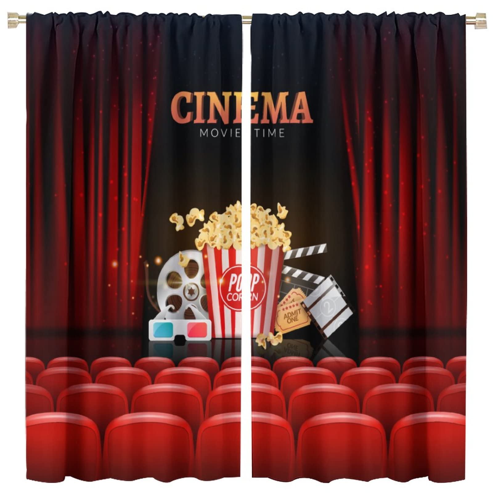 BenYaSong Popcorn Movie Clapboard Blackout Curtains Cinema Theater Background Print Privacy for Living Girl Room Bedroom Window Curtain Drapes 2 Panels 42x45 Inch