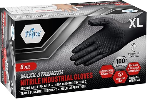 MED PRIDE Maxx Strength - Nitrilo industrial negro, 8 mil de grosor, textura de diamante, desechable, resistente, resistente al desgarro