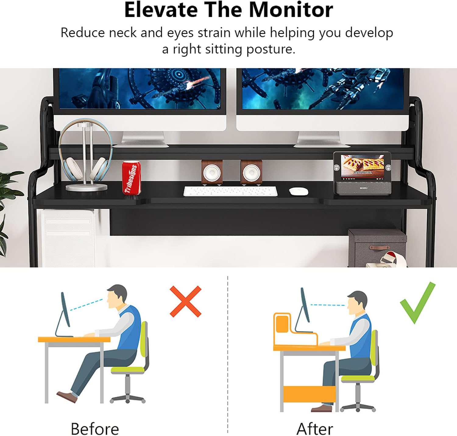 Diagram illustrating ergonomic benefits of the elevated monitor hutch.