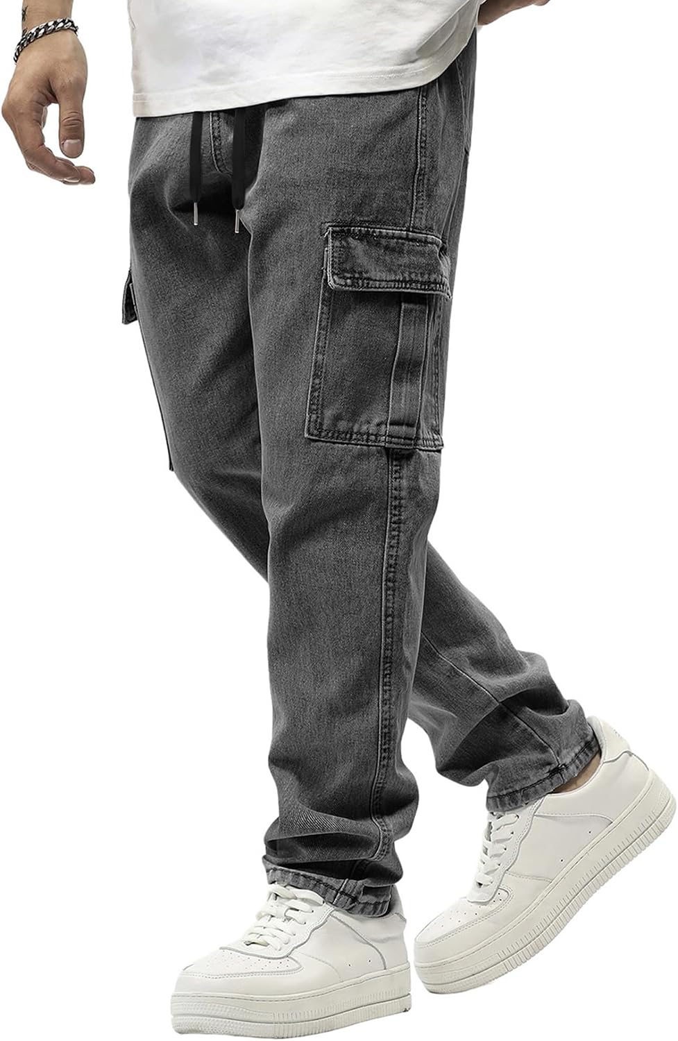 JMIERR Men's Elastic Waist Cargo Jeans Stretch Denim Pants with Drawstring Straight Leg for Casual Daily Wear