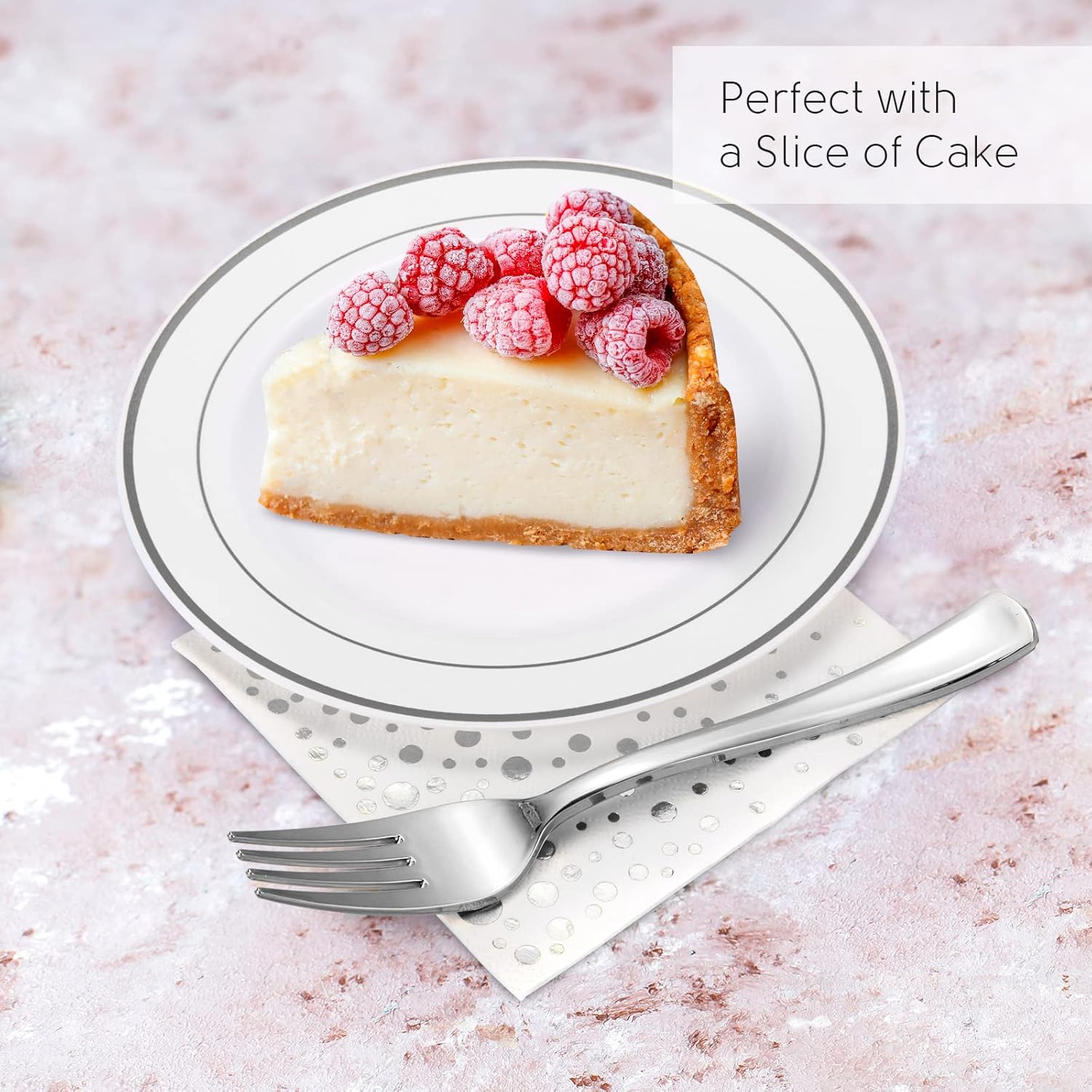 Stylish 7.5 Inch Silver Cake Plates with Disposable Forks and Cocktail Napkins (100 Set) - Small Appetizer Plates - Silver Plastic Dessert Plates - Plastic Cake Plates for Wedding Reception - Image 6