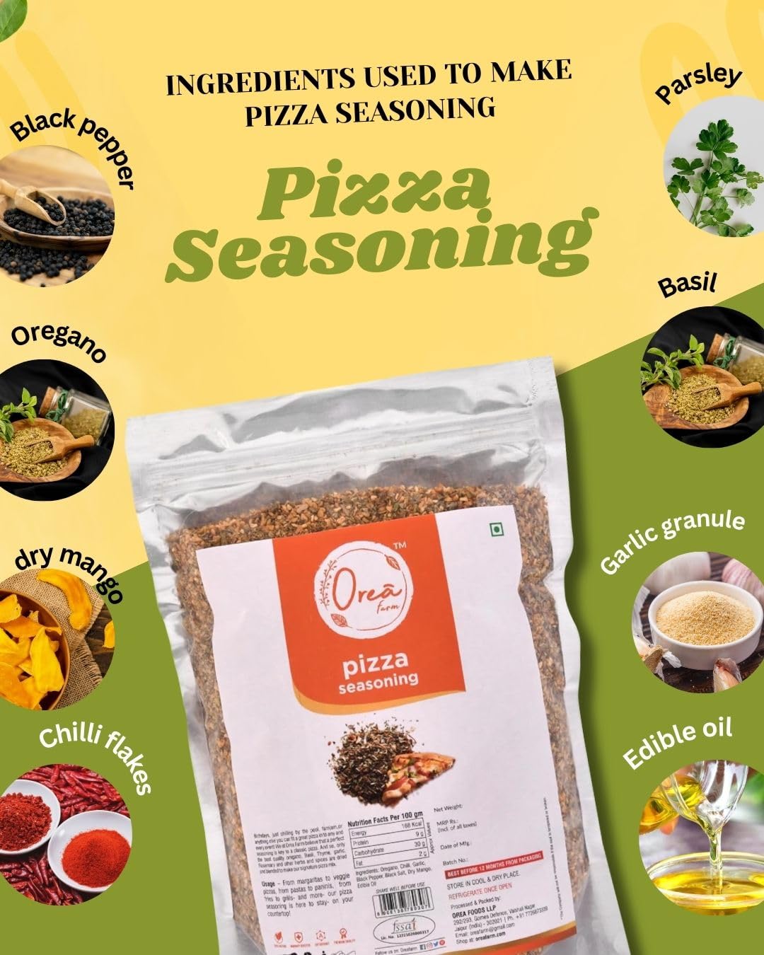 Orea Farm Pizza Seasoning 250g | Premium Oregano Herb and Italian Spices Mix | Multipurpose Seasonings for Pizza, Pasta, Garlic Bread, Sandwiches, Salads & More | No Artificial Color, Flavor or Preservatives | Ideal for Cooking, Sprinkle on Snacks, Seasoning, Garnishing | Zipper Reusable Pack - Image 4 thumbnail