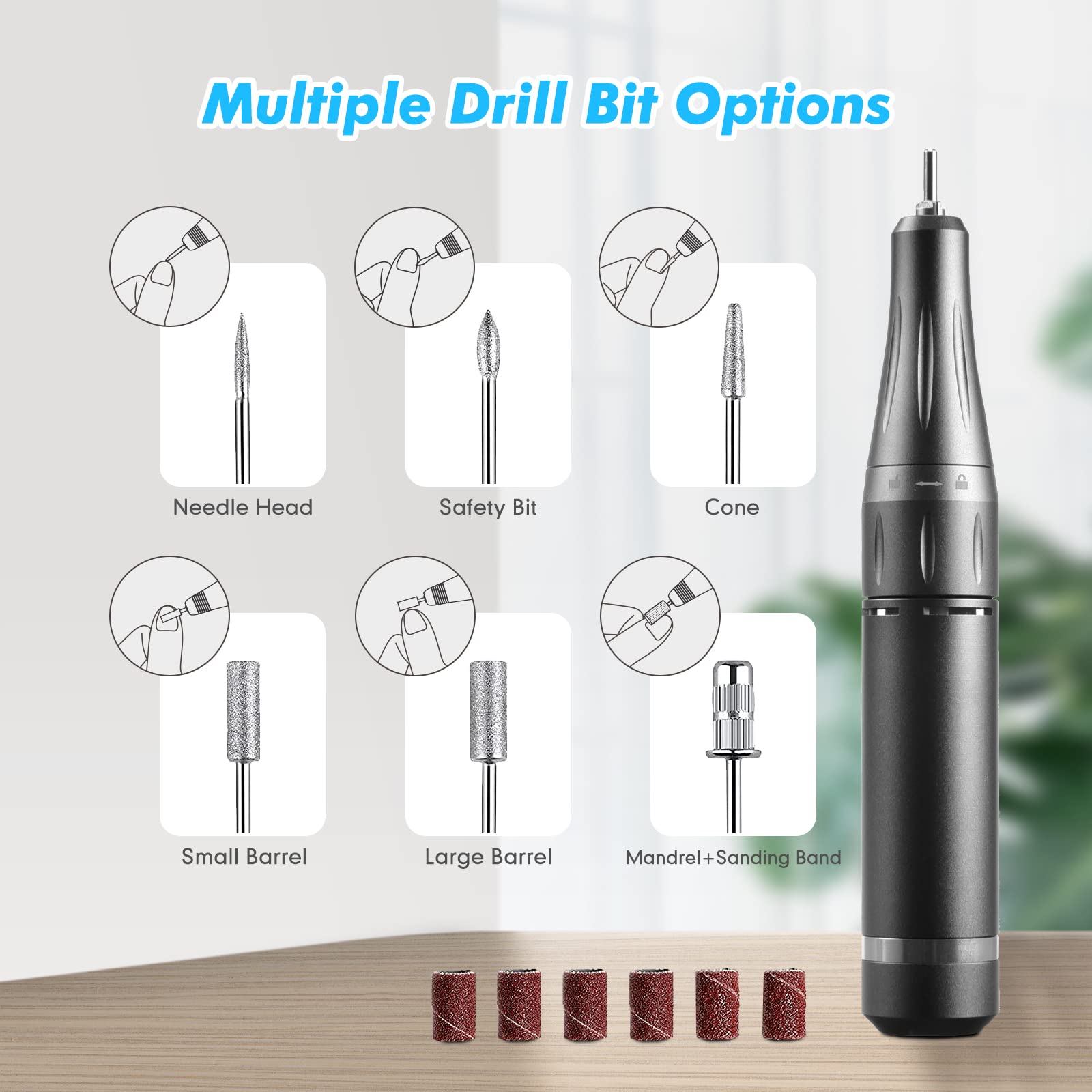 Torno para Uñas Profesional 35000 rpm Portátil Lima de Uñas Eléctrica Inalambrico Recargable Velocidad Ajustable Fresas Torno para Uñas con Pantalla LCD para Manicura Pedicura Salón Belleza