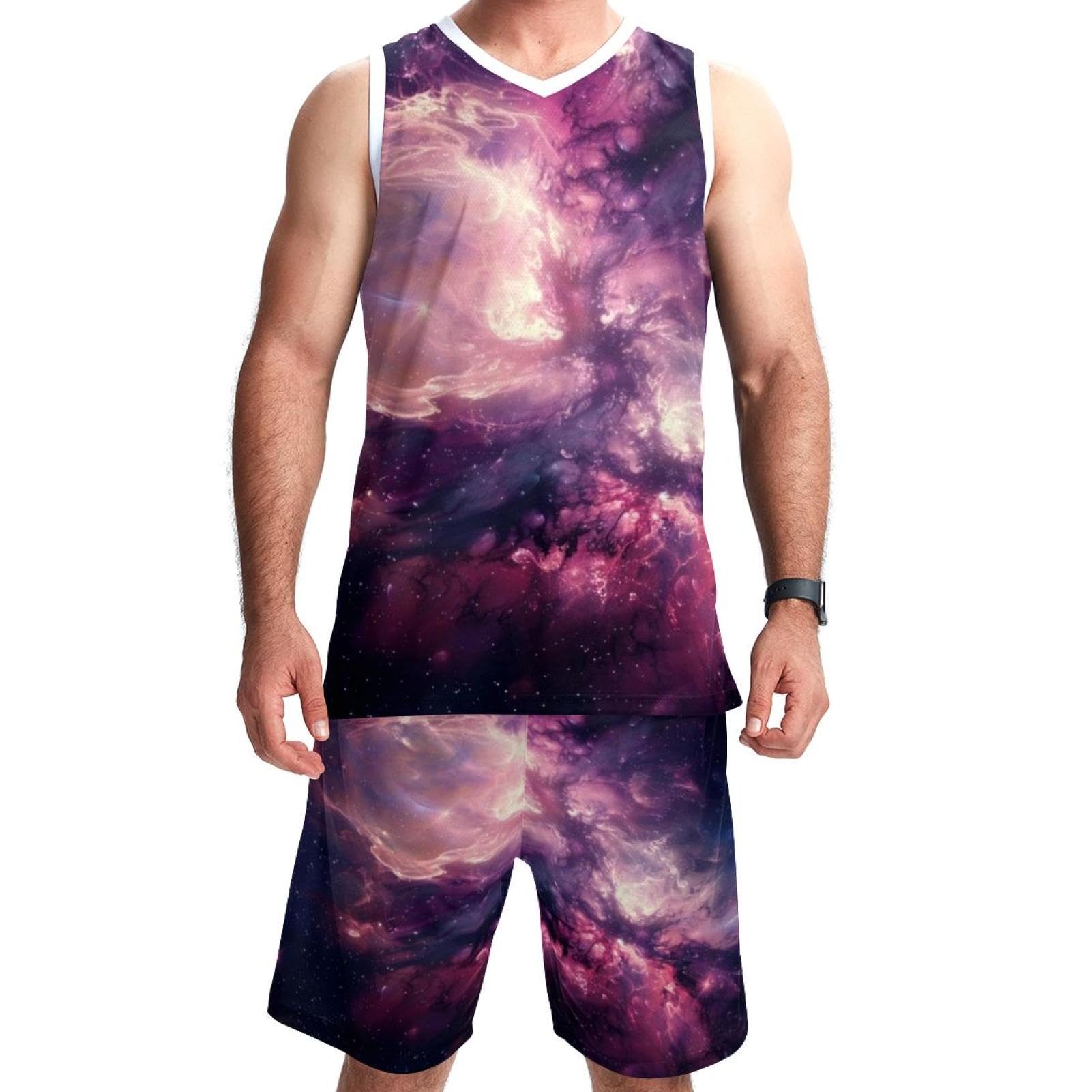 Herren-Basketballanzug mit Taschen, Sportbekleidung für Männer und Frauen, Teamuniform, Rosa, Sternenmotiv, Größe 5XL
