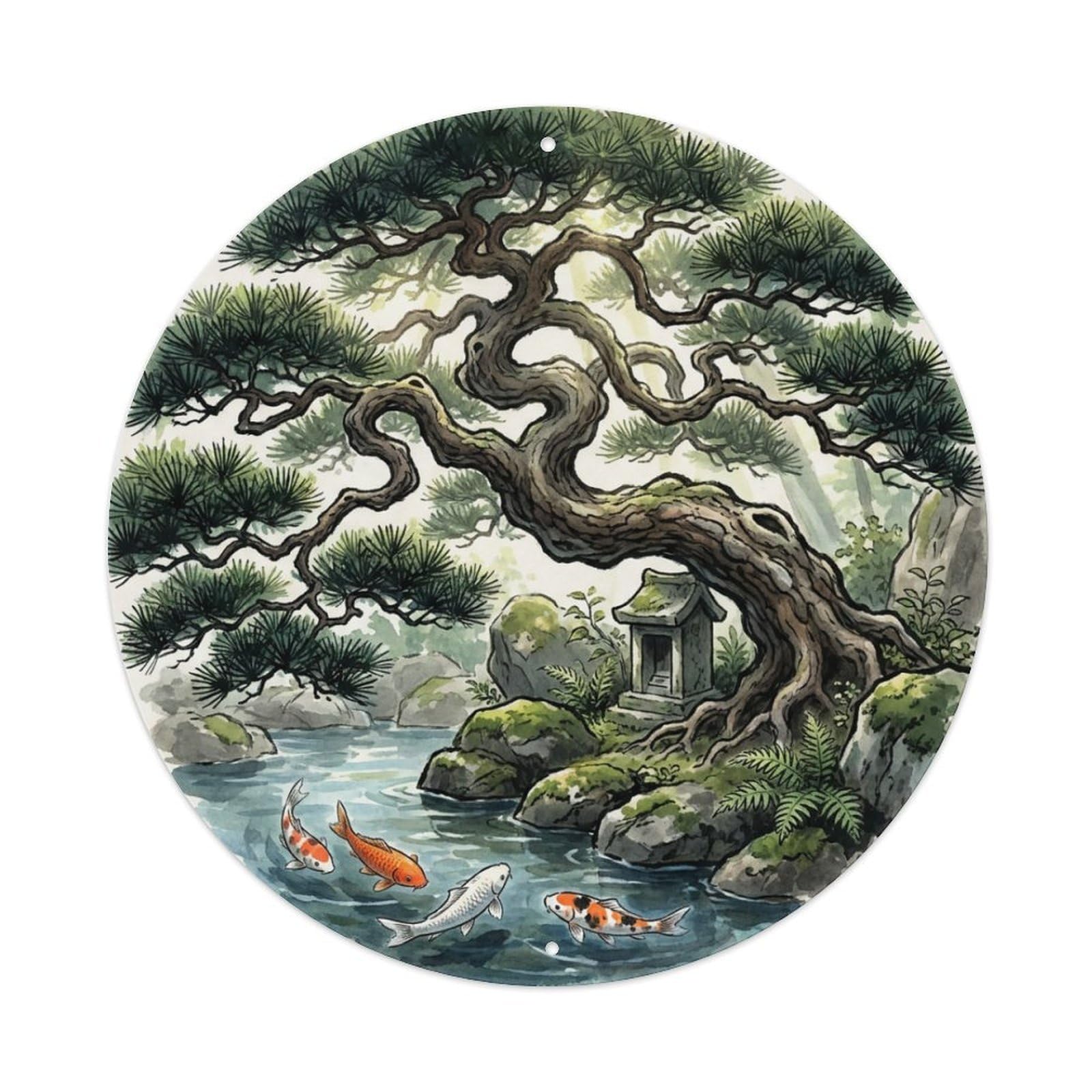 Galvaxio Style Japanese Koi Fish Ancient Pine Gnarled Trunk Metal Tin Sign