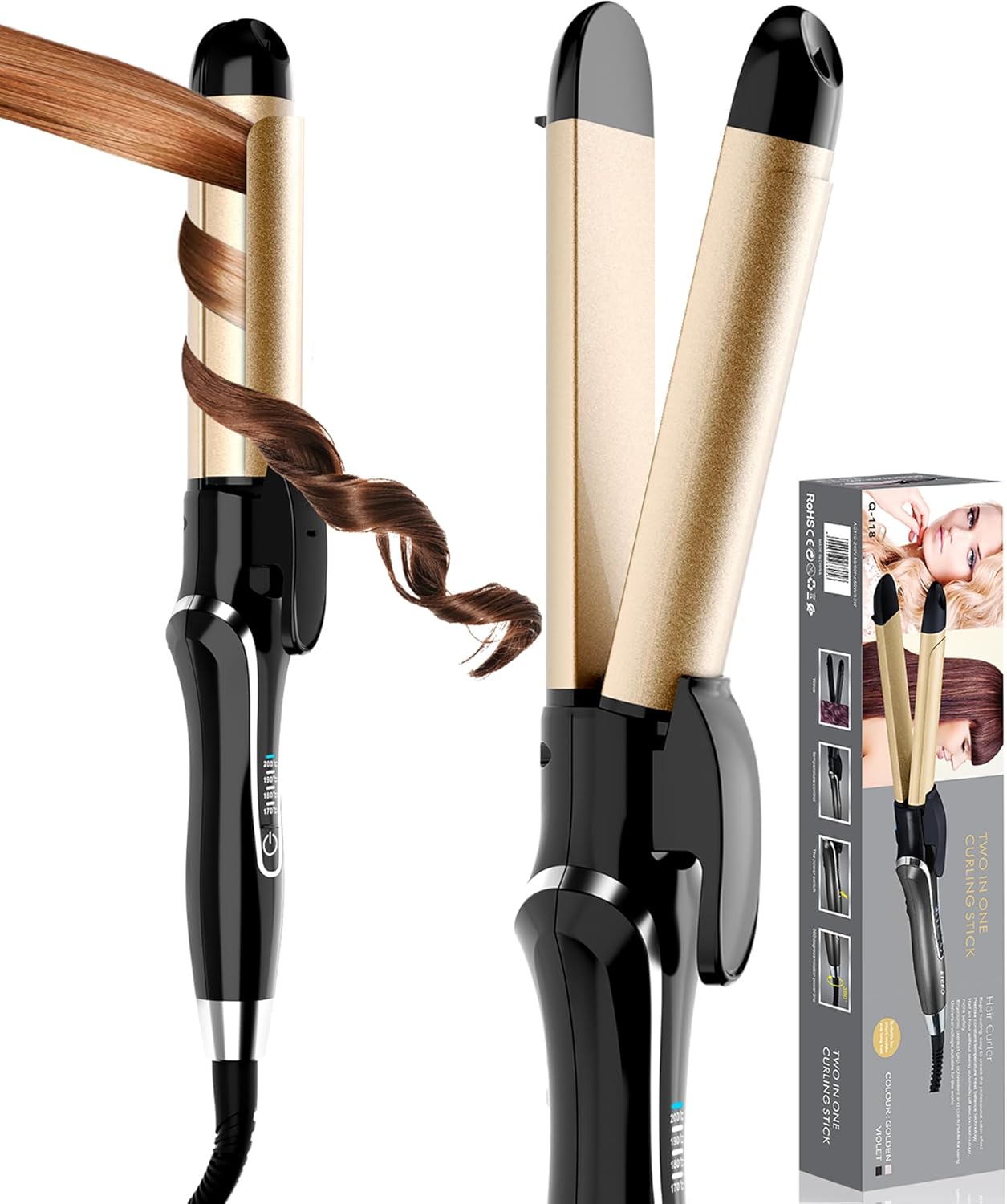 Curling Iron, 2 in 1 Hair Straightener and Curler, 1.25 Inch Ceramic Curling Wand with Adjustable Temperature, Dual Voltage for All Hair Types, Anti-Tangle for Long-Lasting Curls or Straight