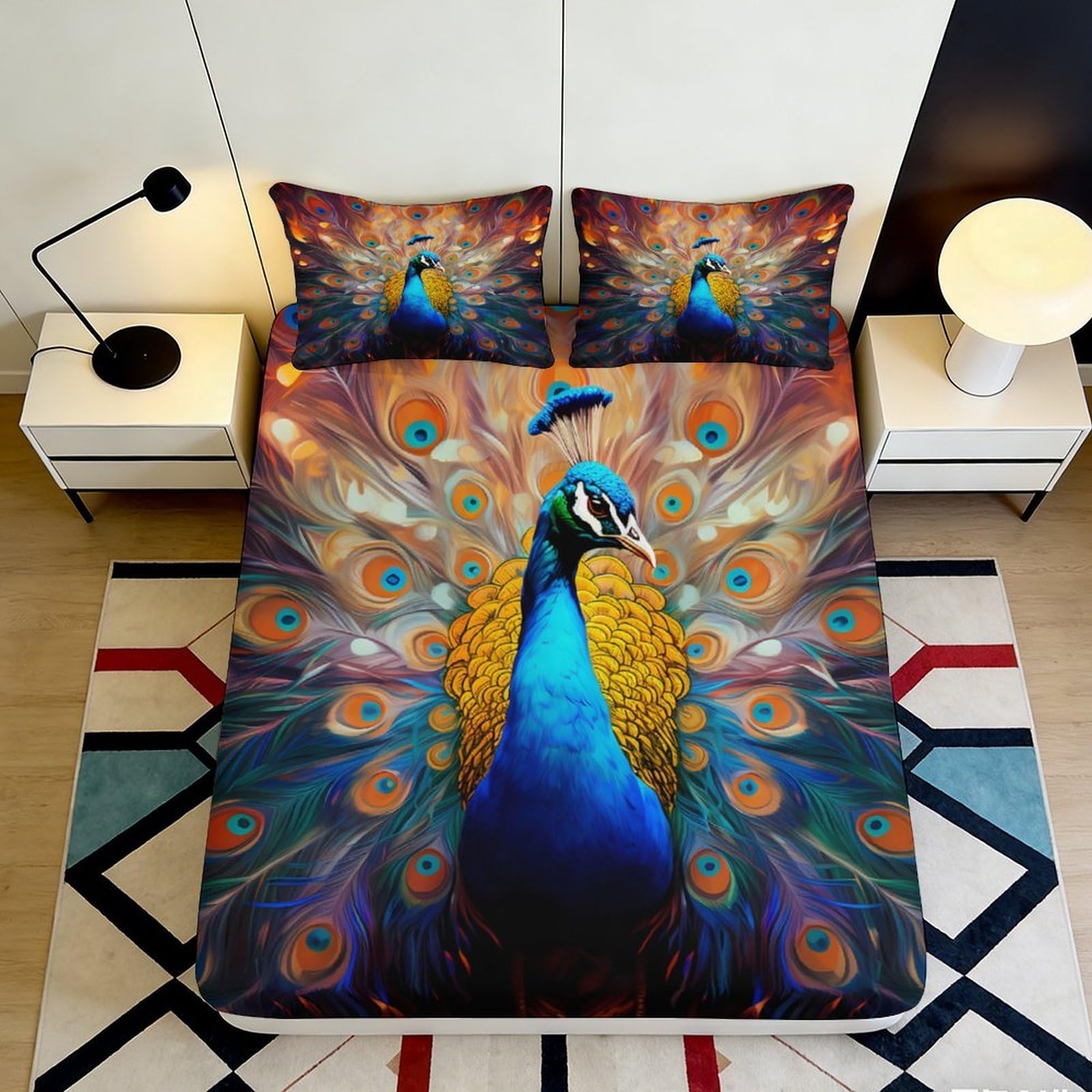 Pnayamiorkfel Style-2 3D Printed Peacock Feather Fitted Sheet Microfiber Anti-Slip Bed Cover Vibrant Decor For Bedroom Guest Room Dorm 90X200x25cm