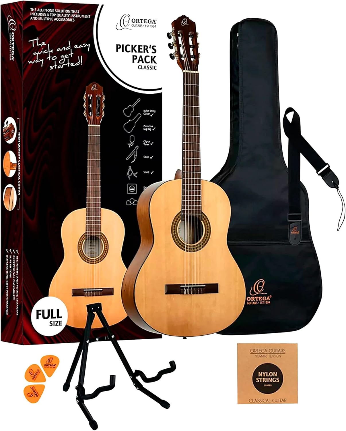 Ortega Guitars RPPC44 Picker's Pack Student Series Full Size Classical Guitar