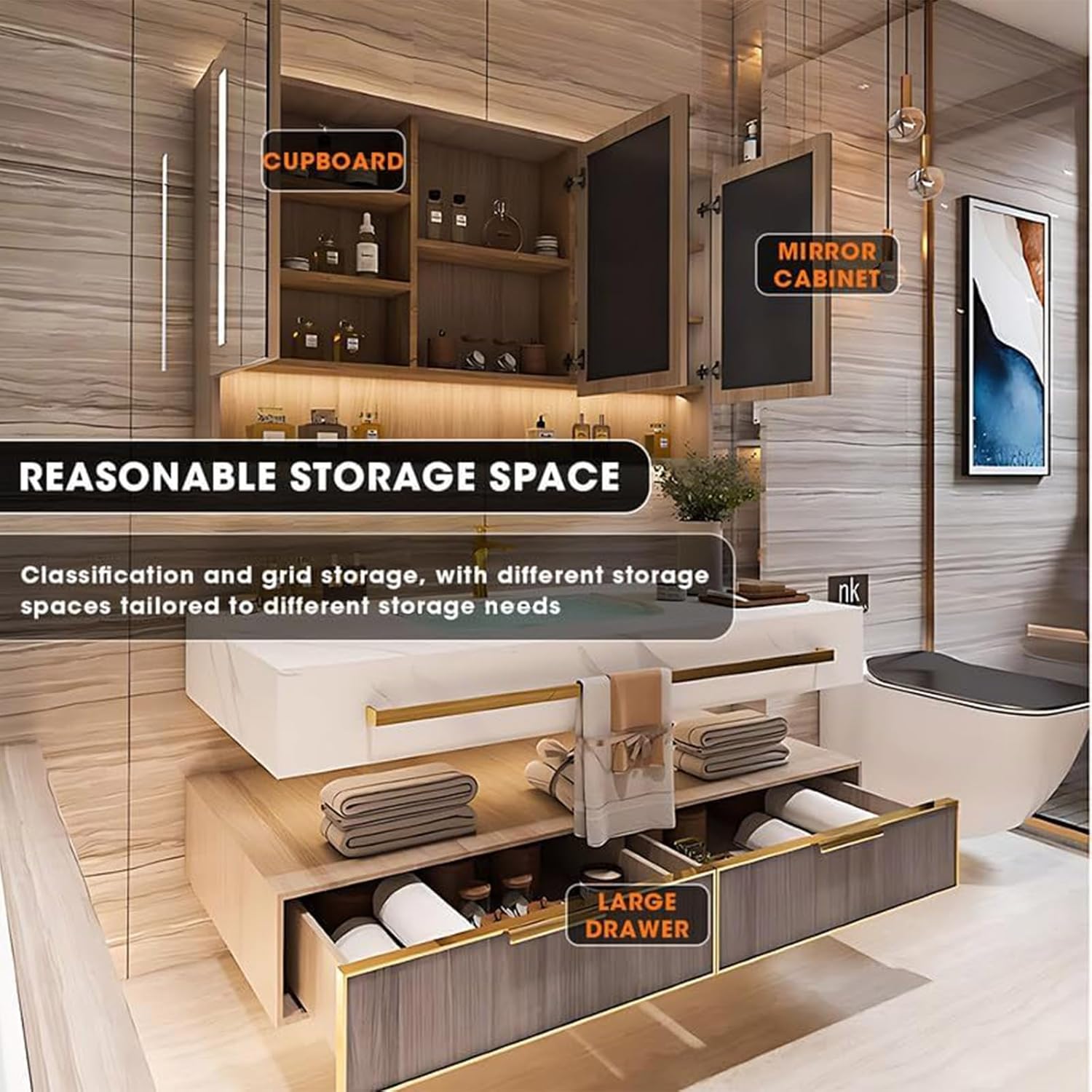 Bathroom Vanity with Sink - Floating Bathroom Vanity Includes Modern Metal Luxury Style,Wall Mouted Cabinet with Towel Hanging & Led Light | Slate Countertops（40IN）