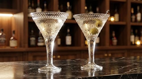 Miniatura 4 de Kingrol Juego de 4 vasos de Martini de 8.5 onzas con elegante diseño en relieve, cristalería de tallo vintage para Martini, Cosmopolitan, Manhattan,