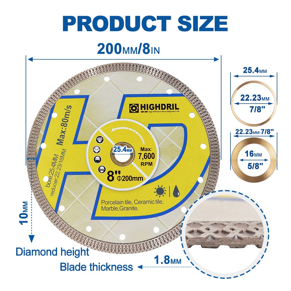 HIGHDRIL Diamentowa tarcza do cięcia – 3 sztuki 200 mm tarcza diamentowa do cięcia płytek porcelanowych płytek ceramicznych granitu marmuru do użytku na sucho lub na mokro tarcza do piły tarczowej z Turbo X Mesh