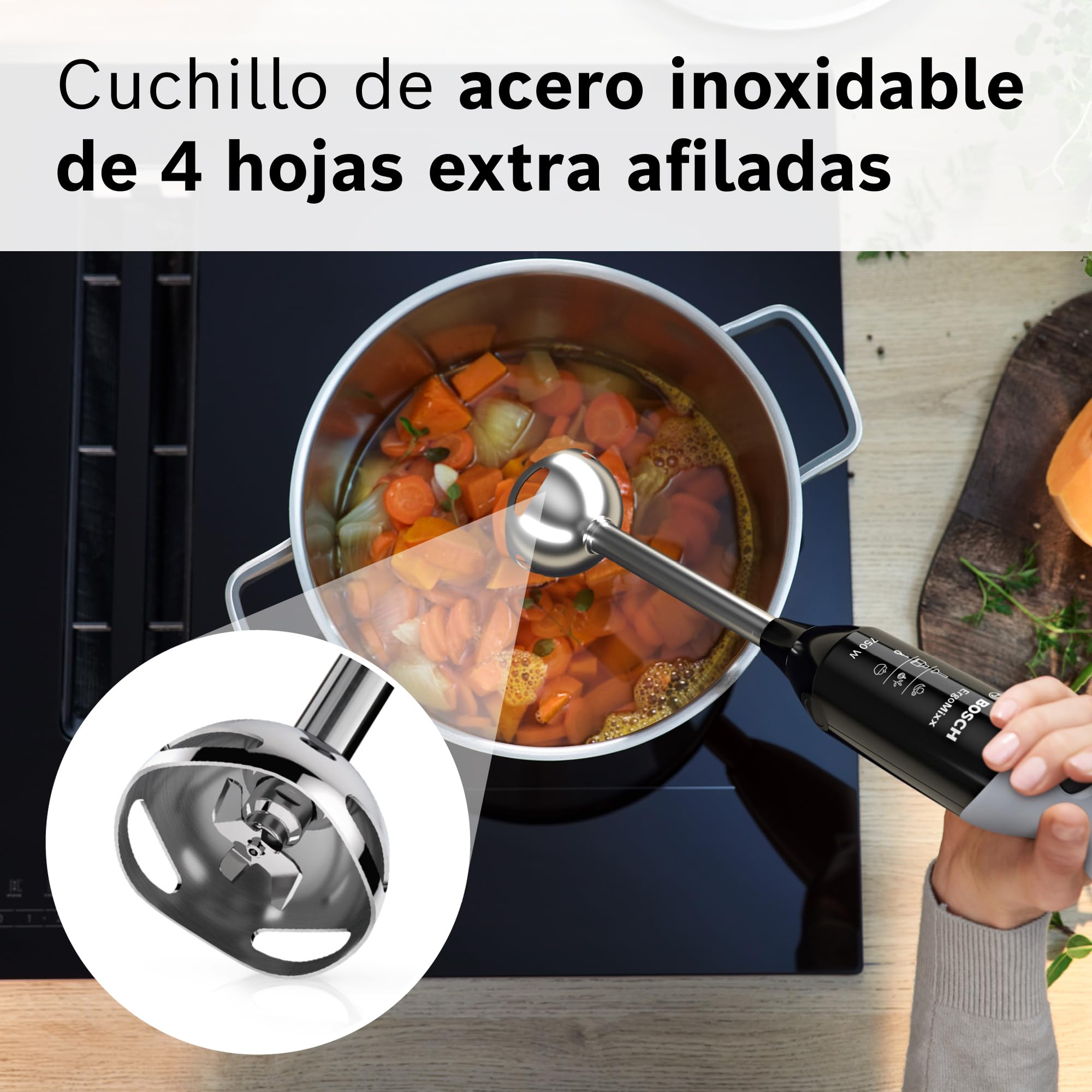Bosch - Batidora de mano profesional, ErgoMixx, 750 W, 12+1 velocidades, QuattroBlade, Picador y vaso, Negro, MSM67160