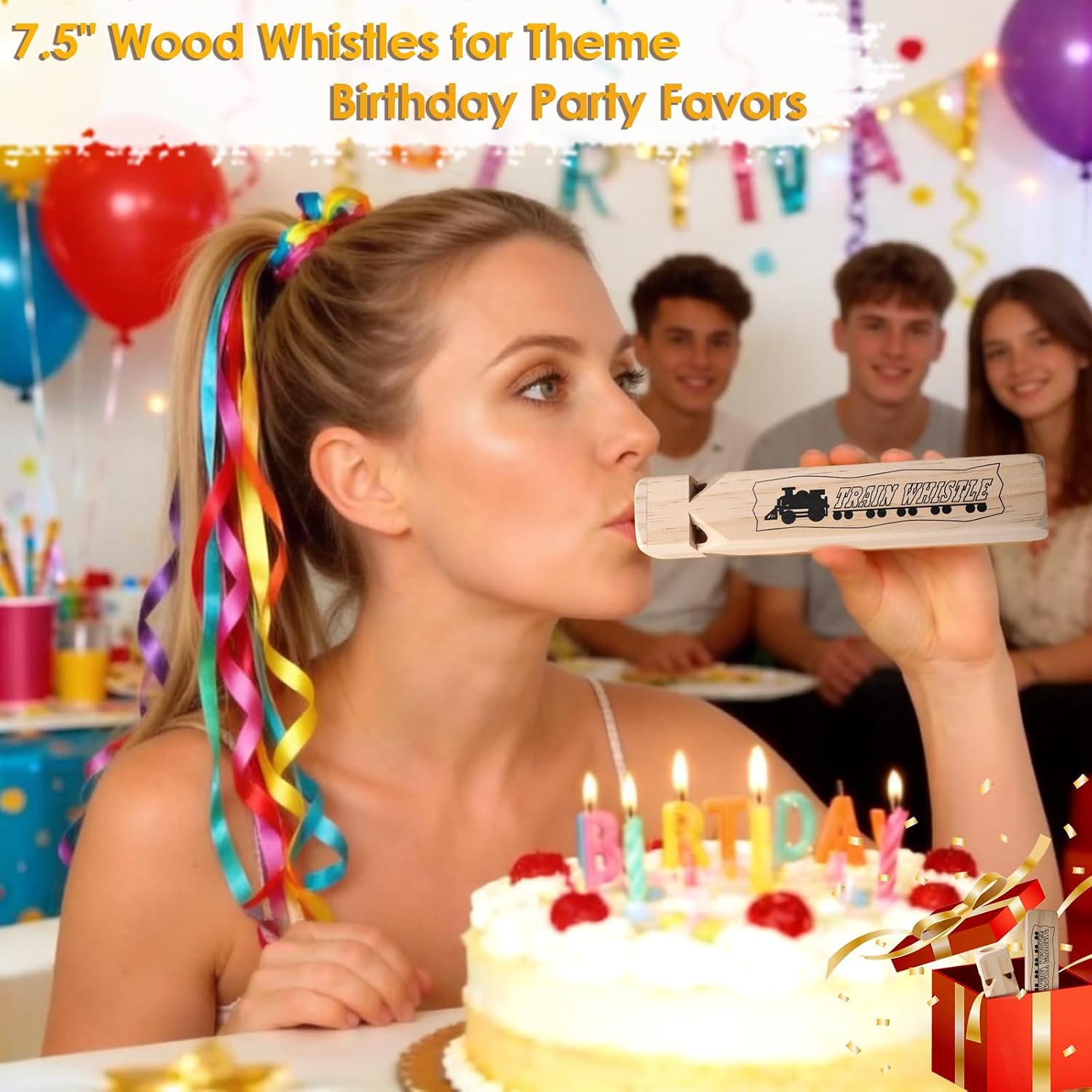 Wooden Train Whistles, Noisemakers 4 Tones 7.5" Solid Wood Train Whistle Musical Kits for Party Favors, Theme Birthday Parties, Carnival Prize, Goodie Bag Filler, Stocking Stuffers