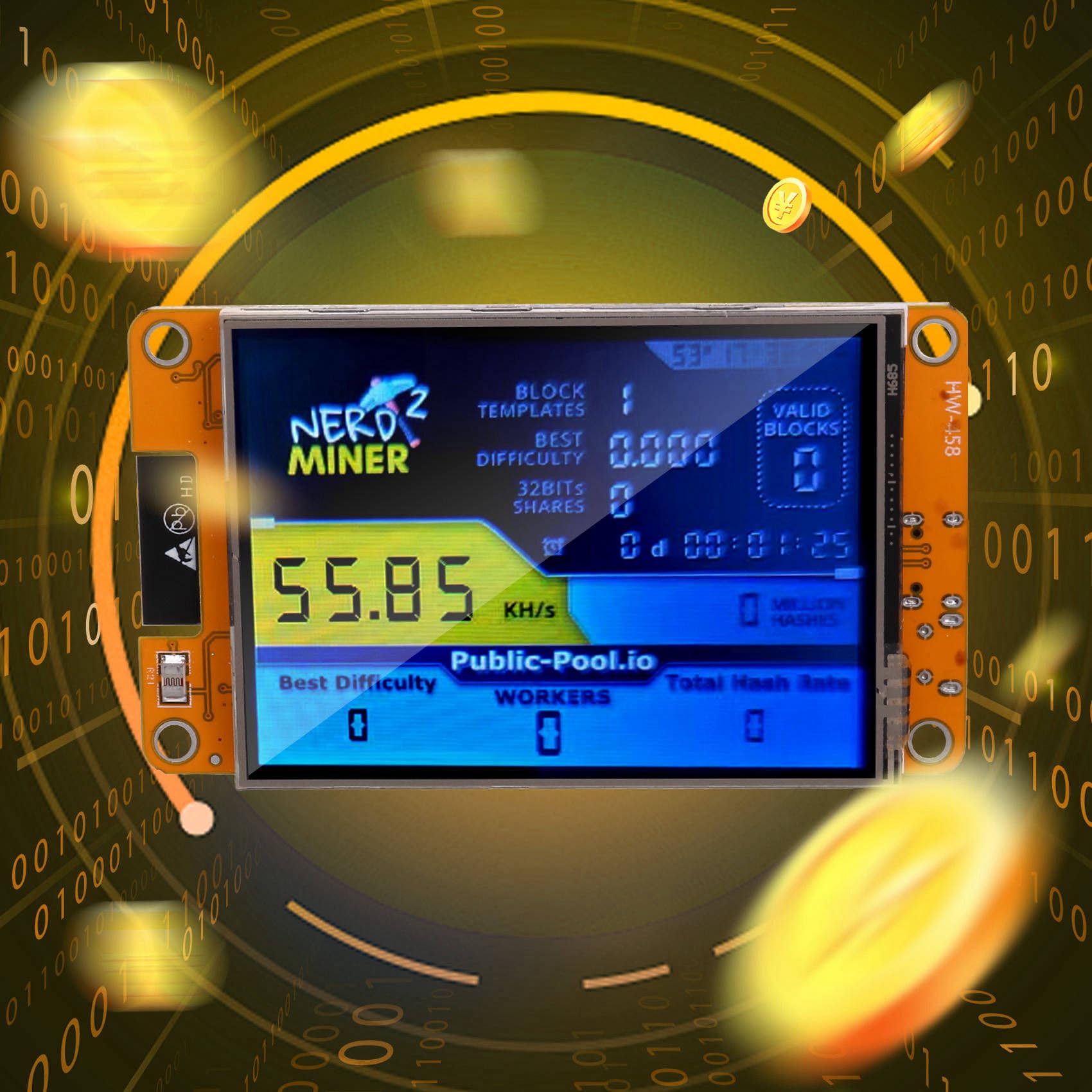 NerdMiner 2 Miner 55-60KH/S BTC Lottery Solo Miner Pantalla de 2,8 Pulgadas Bitcoin BTC Miner Solo Nerd Miner