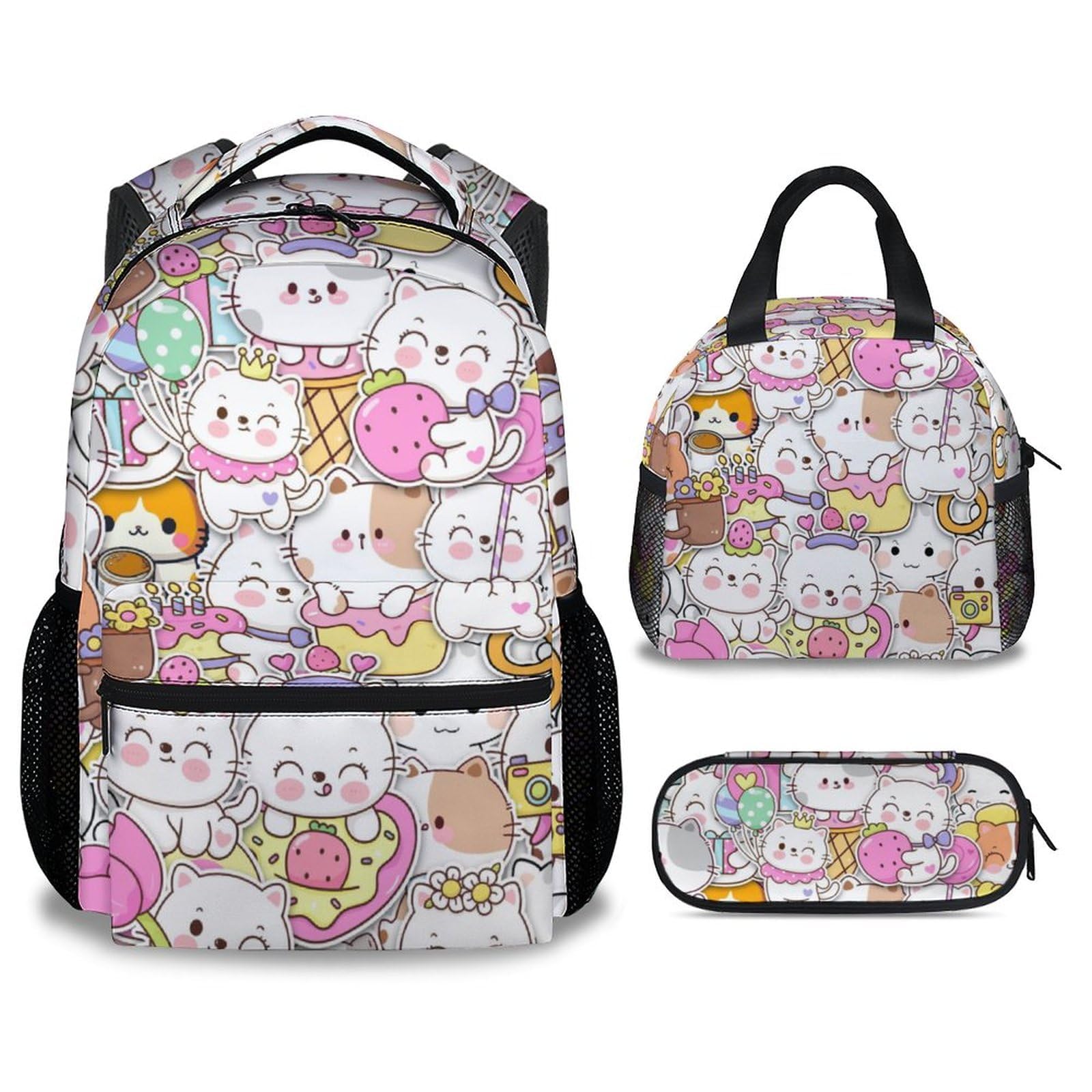 CUNEXTTIME Cat Backpack with Lunch Box, Set of 3 School Backpacks Matching Combo for Girls Boys, Cute Colorful Bookbag and Pencil Case Bundle