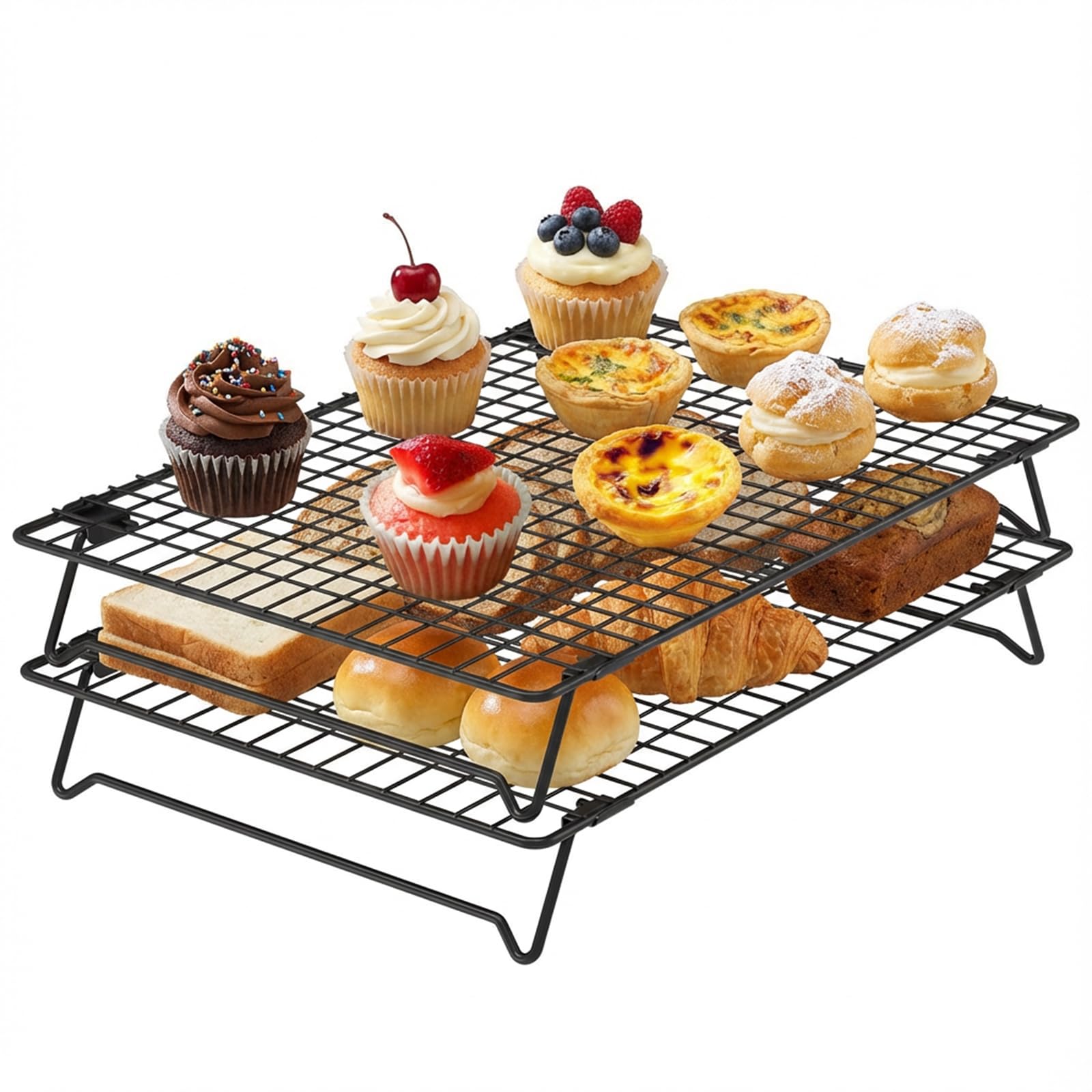 Estantes de refrigeración apilables de 13.4 x 9.4 pulgadas, paquete de 2 estantes antiadherentes de acero al carbono con patas plegables, perfectos para cocinar, asar, asar, secar y enfriar