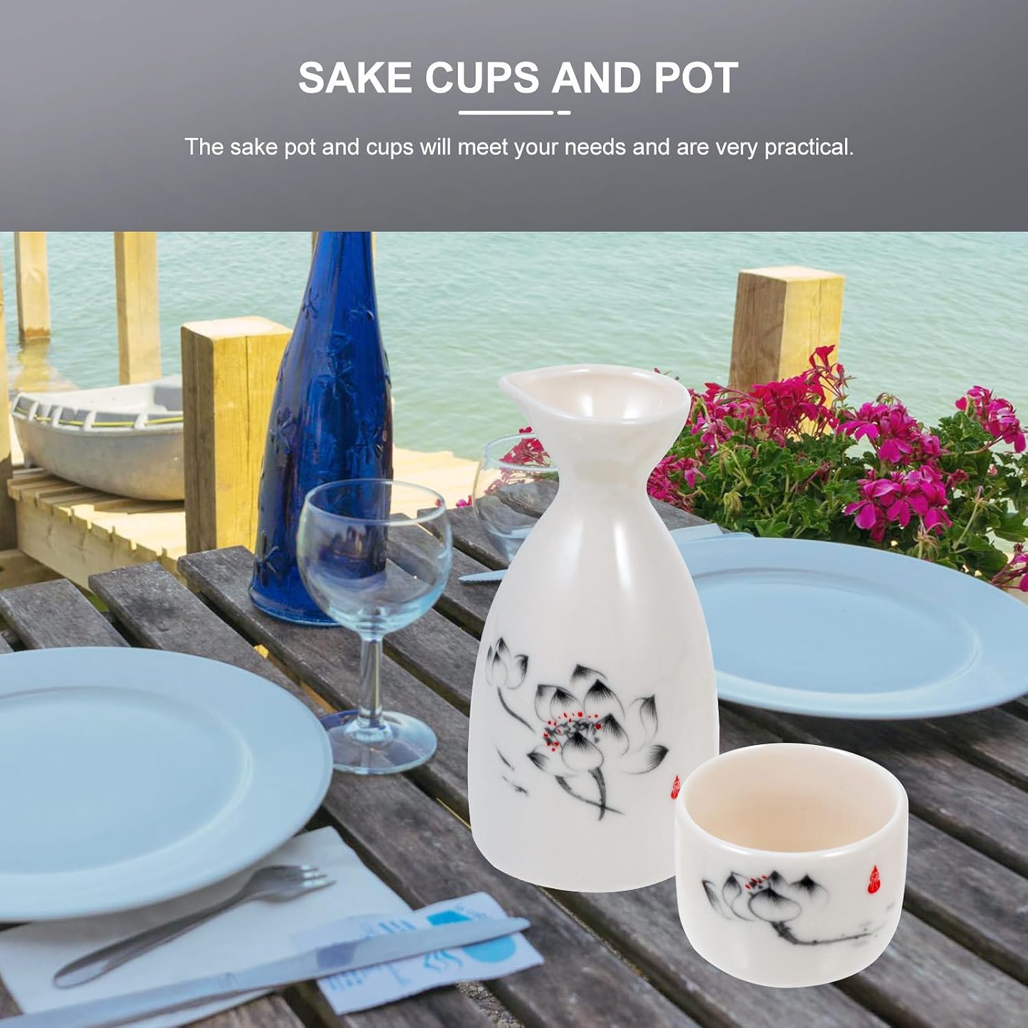 Ciieeo Japanese Style Ceramic Sake Pot and Wine Serving Holder Set, Vintage Porcelain Sake Bottle One Kettle and Six Cups, Traditional Japanese Drinkware for Dining and Entertaining