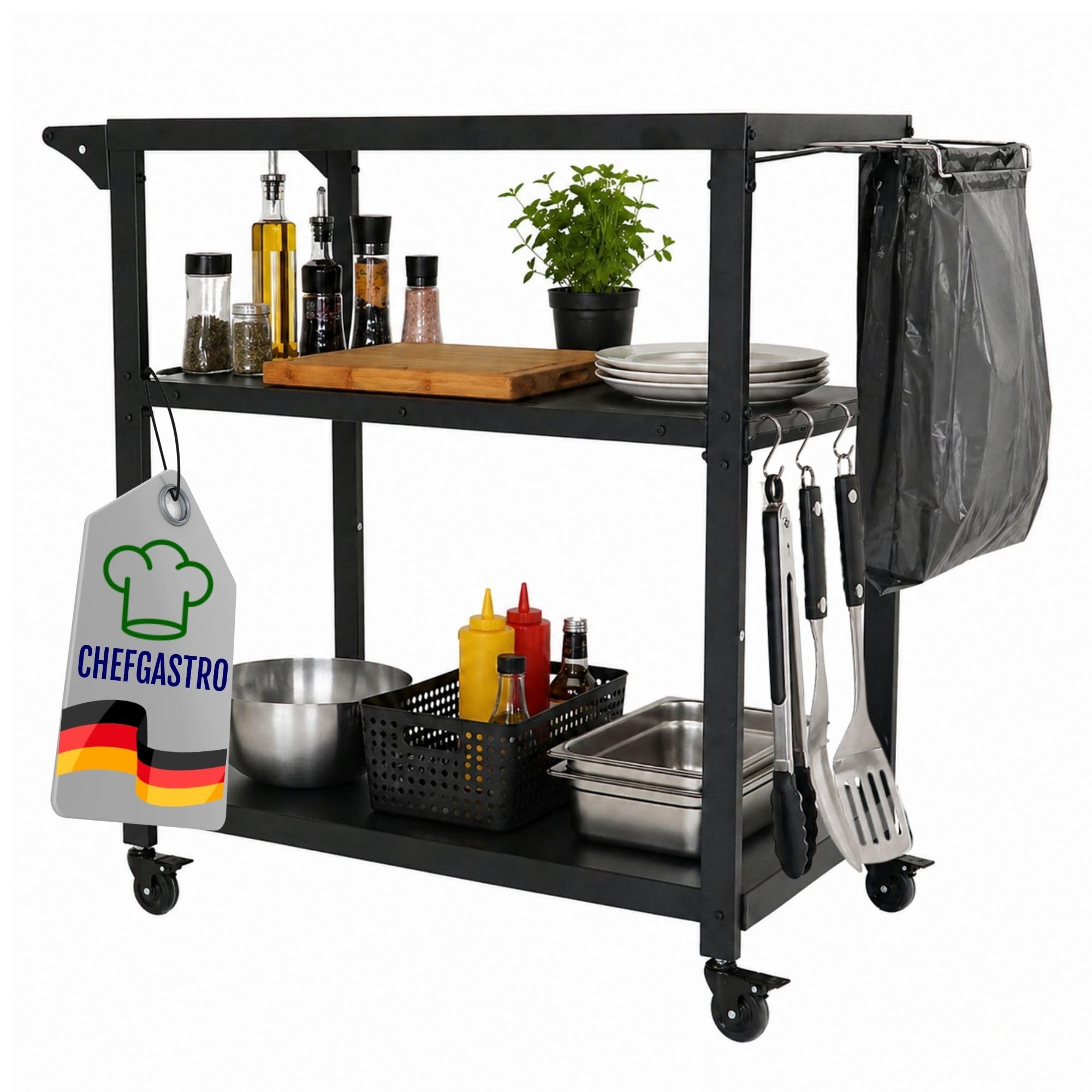 CHEFAGSTRO Grillwagen Vulcan Outdoor Servierwagen mit Rollen Küche Küchenwagen Metall Schwarz Wetterfest Grilltisch, 4 Lenkrollen mit Bremse, 3 Ablagen, 8 Haken, Müllbeutelhalter & Handtuchgriff