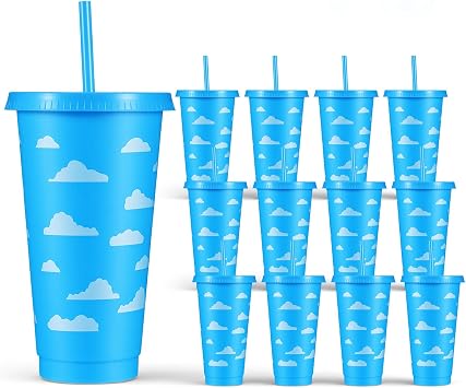 12 Pcs 24 Oz Blue Cartoon Cloud Party Tumbler, Reusable Plastic Cups with Lid and Straw, Birthday Carnival Theme Supplies, Drinking Cup