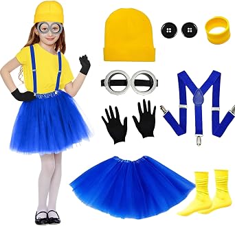11 Pcs Yellow Costume, Halloween Costumes, Accessories Steampunk Goggles, Yellow Beanie, Black Gloves, Suspenders and Blue Tutu, Cute Funny for Cosplay Party