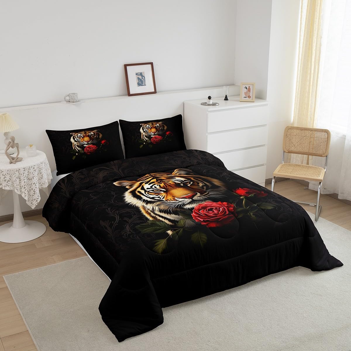 Erosebridal Yellow Tiger Comforter Sets Jungle Wild Animal Beddig Set for Kids Adults,Red Rose Flower Soft Down Comforter King Floral Wildlife Black Quilt Set for Bedroom Decor
