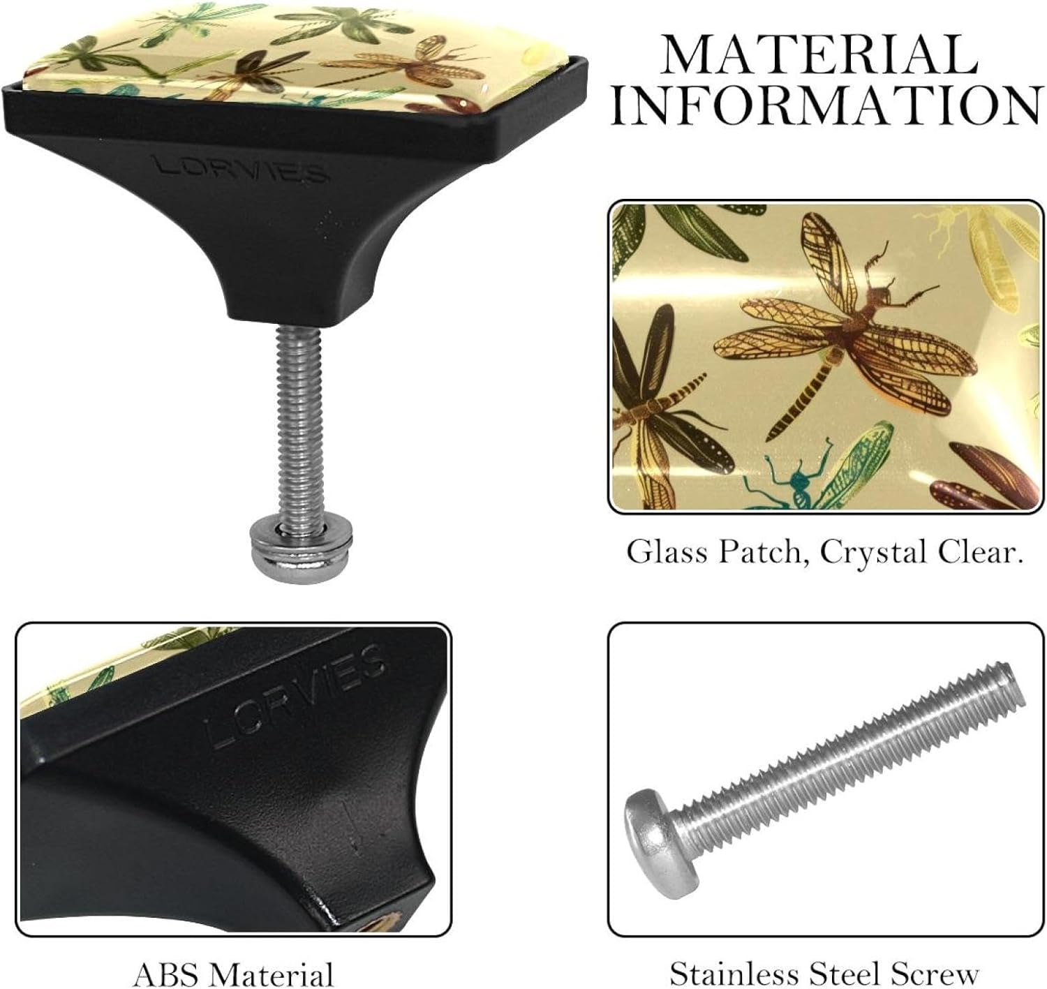 4 Pack Drawer Knobs for Dresser Kitchen Cabinet Knobs, Flying Dragonflies Pattern Hardware for Cabinets Glass Knobs with Screw