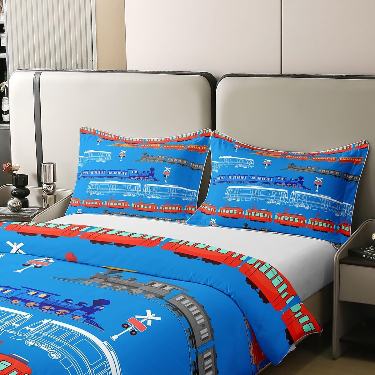 jejeloiu Cartoon Car Duvet Cover 100% Cotton Full Size Vintage Car Comforter Cover Set Train Bedding Cotton Duvet Cover Set for Bedroom Retro Steam Train Blue Light Sign Bedspread Cover