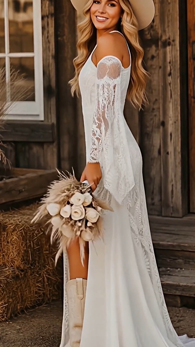 elegant maxi lace elopement wedding dress with ruffle sleeves reviews Flybridal Wedding Dress Removable Bell Sleeves A-line Halter Bohemian Lace  Bridal Gowns with Slit Nude One Size at Amazon Women's Clothing store
