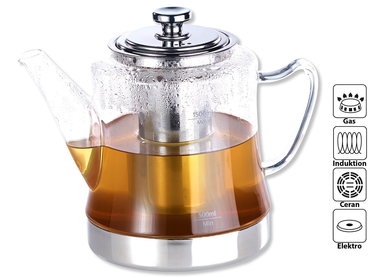 Rosenstein & Söhne Teekocher: 2in1-Glas-Teebereiter & Teekanne für alle Herde, auch Induktion, 1,5 l (Teekanne für Induktionsherd, Teezubereiter, Eier)